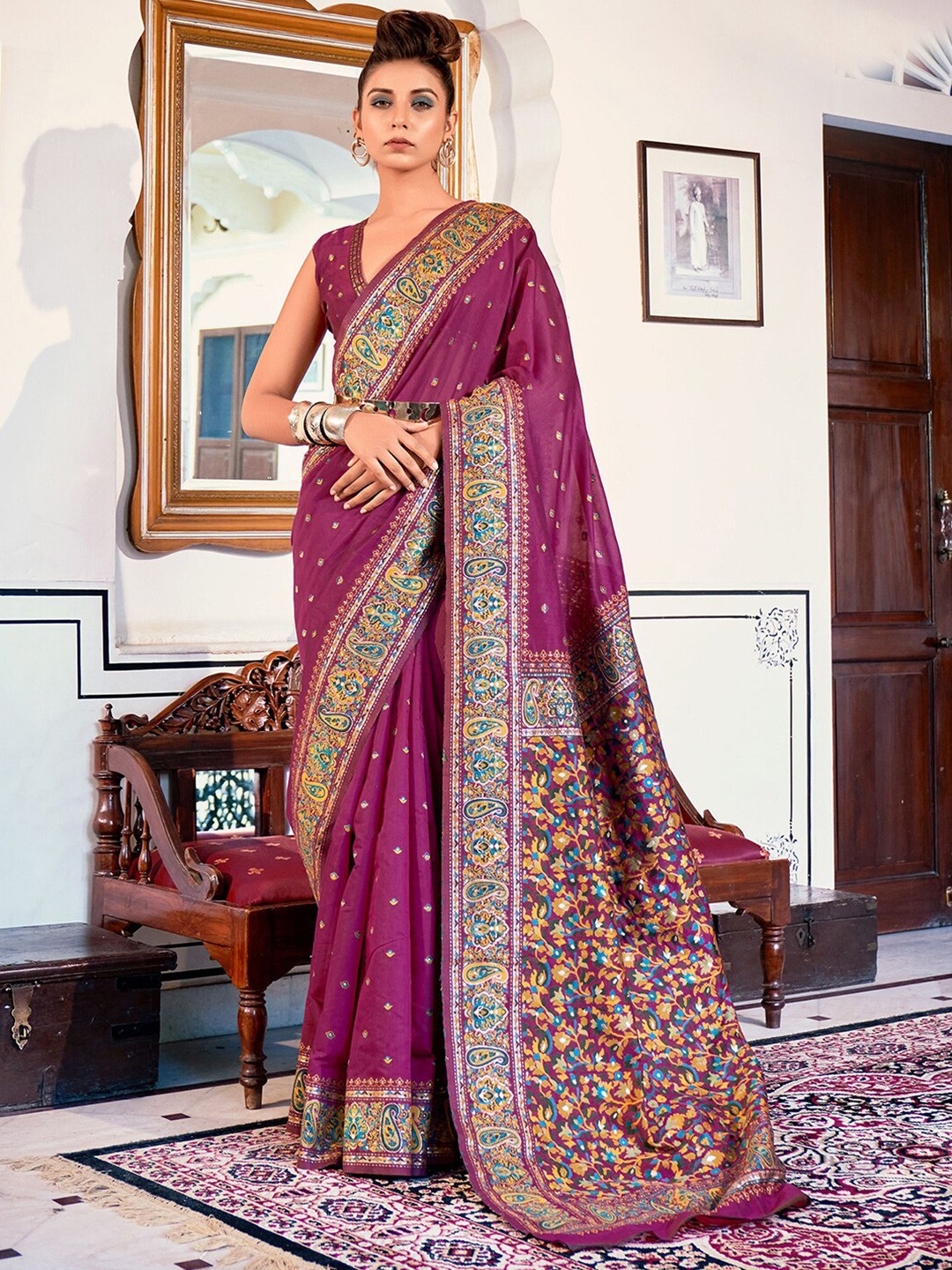 

Mitera Purple & Blue Paisley Silk Cotton Jamdani Saree