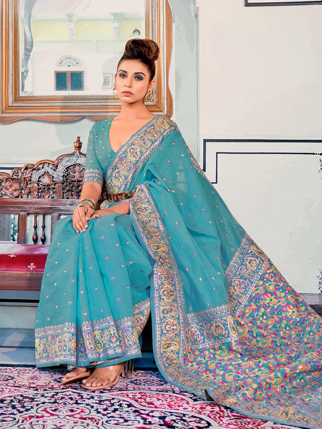 

Mitera Turquoise Blue & Pink Ethnic Motif Woven Design Silk Cotton Jamdani Saree