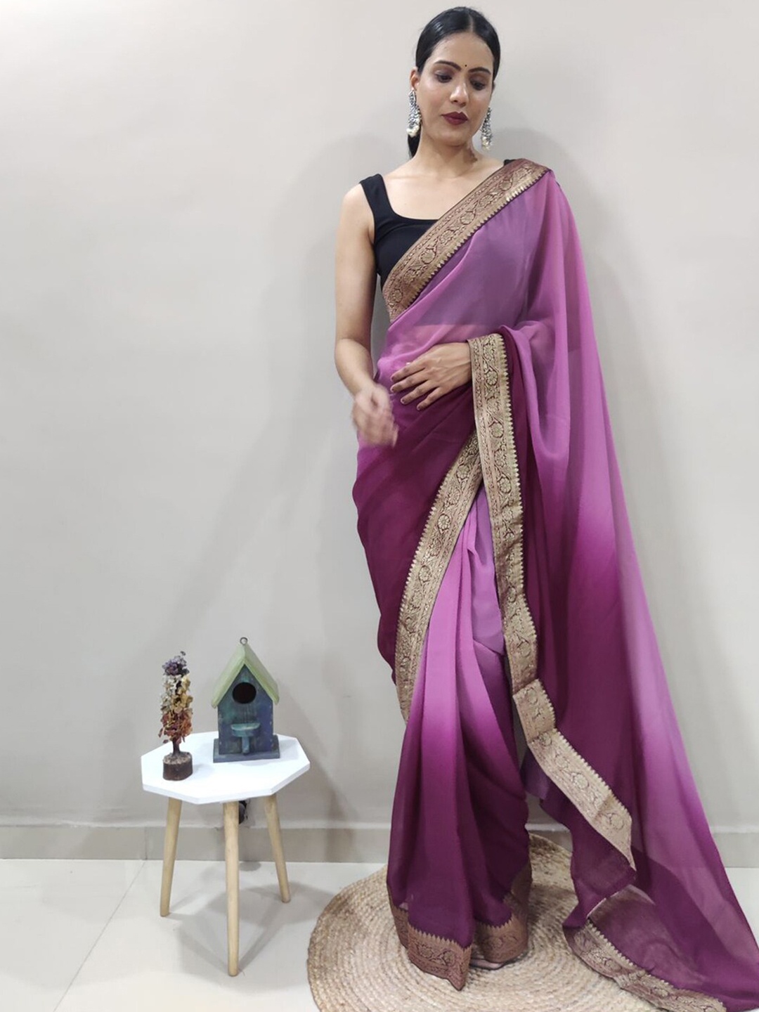 

Mitera Pink & Purple Ombre Zari Poly Georgette Saree With Blouse Piece