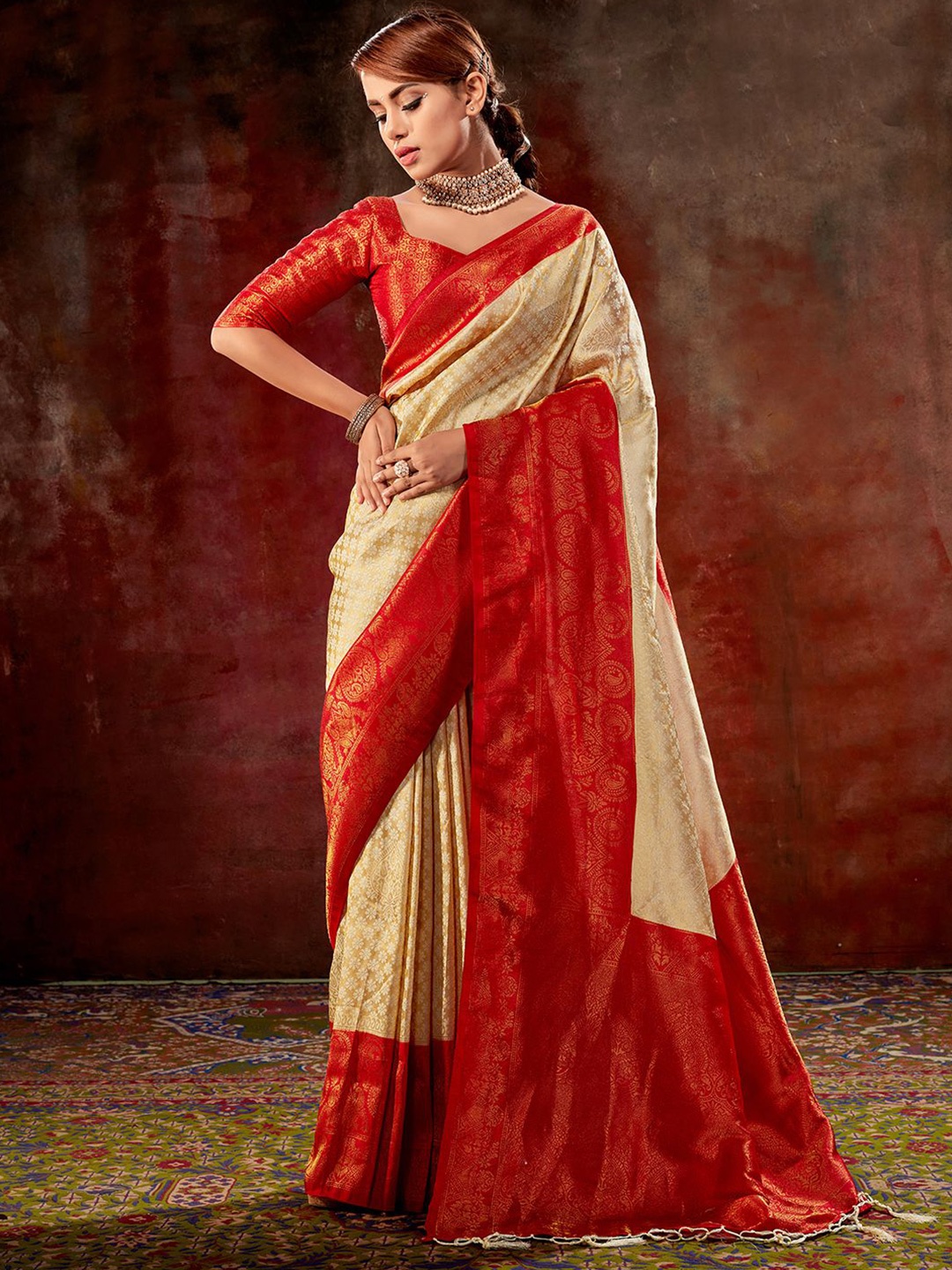 

Mitera Beige & Red Ethnic Motif Woven Design Zari Art Silk Banarasi Saree