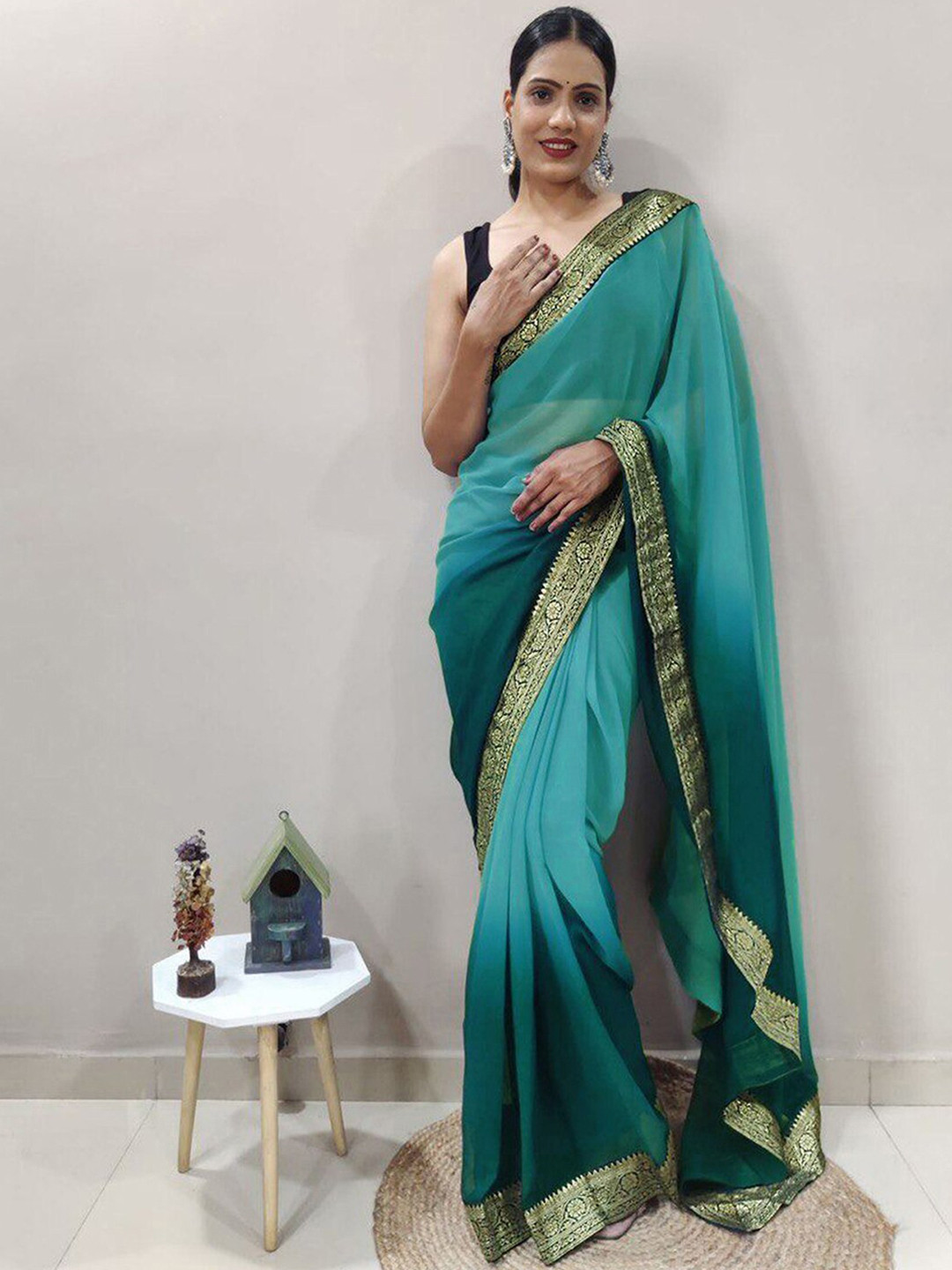 

Mitera Green & Blue Ombre Zari Saree