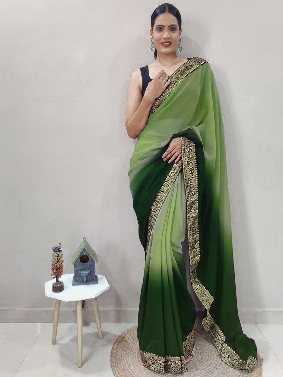 

Mitera Olive Green & Gold Ombre Zari Poly Georgette Saree With Blouse Piece