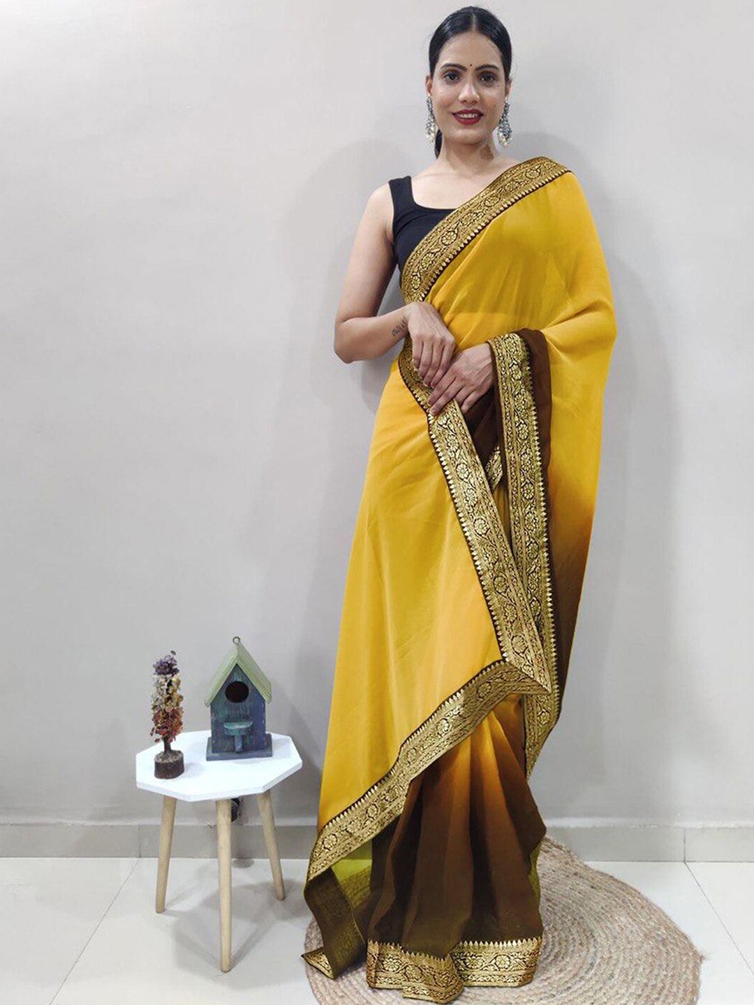 

Mitera Yellow & Brown Ombre Zari Poly Georgette Saree With Blouse Piece