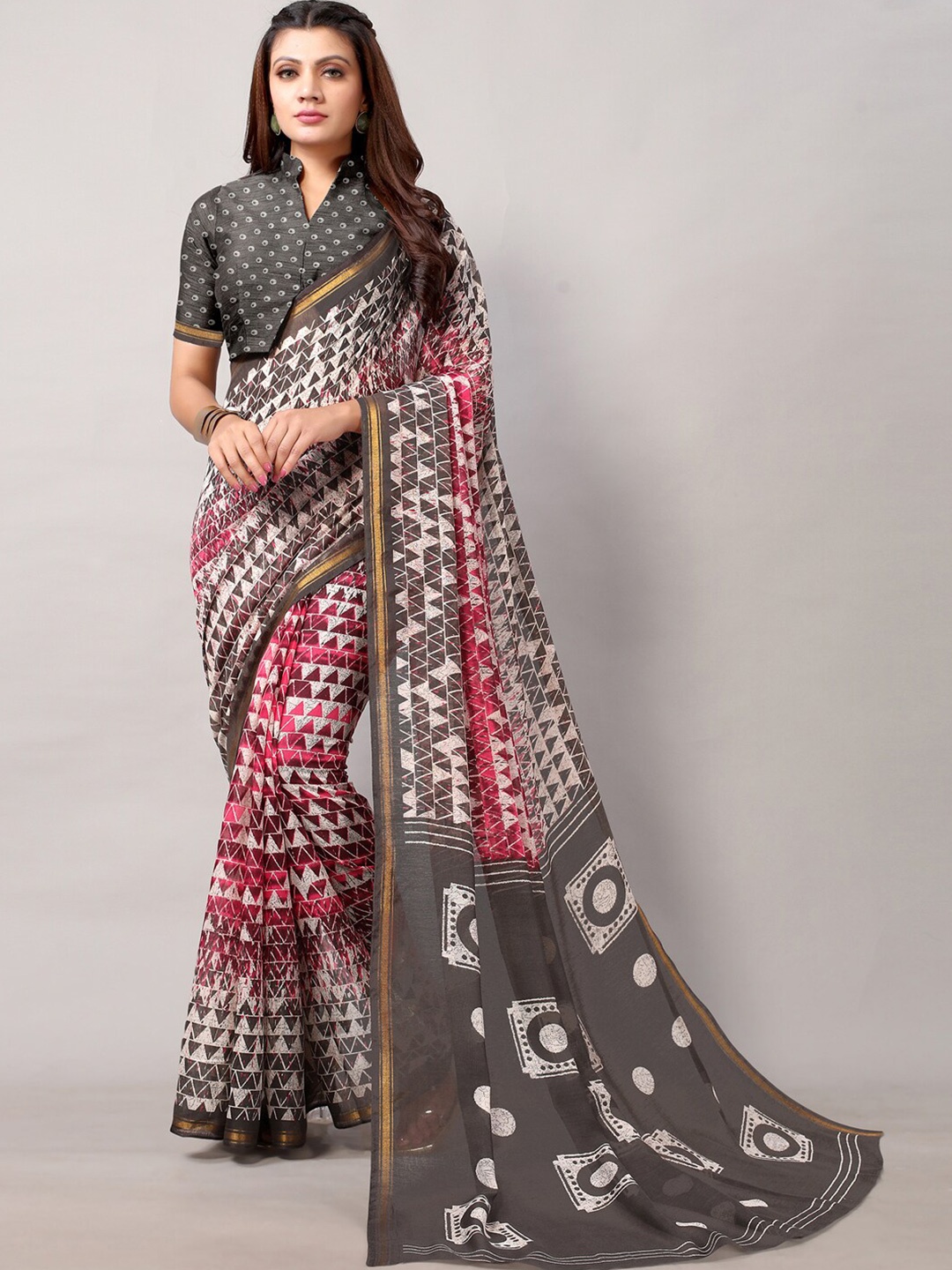 

Shaily Taupe & Pink Geometric Printed Zari Saree