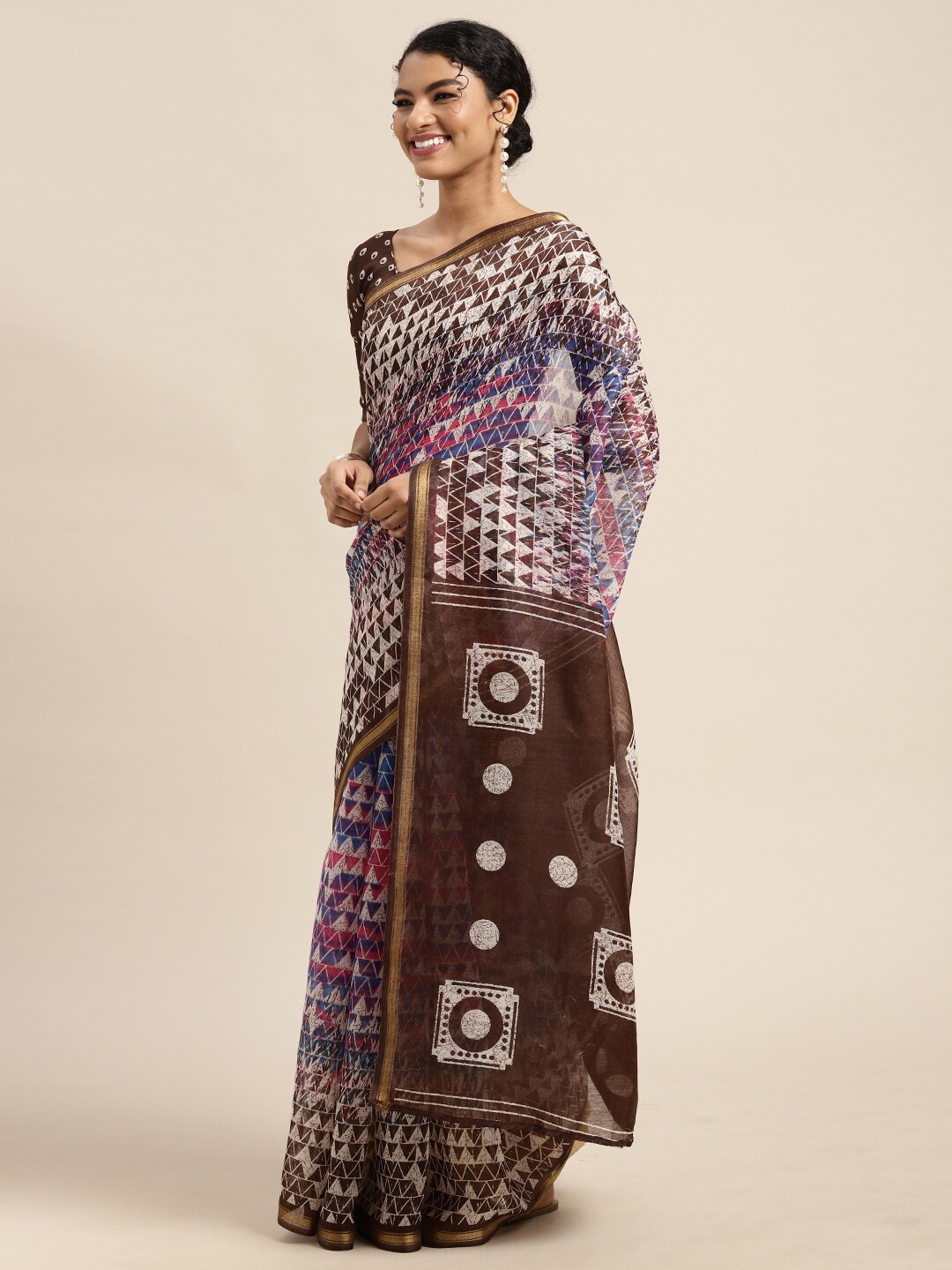 

KALINI Geometric Printed Zari Saree With Blouse Piece, Brown