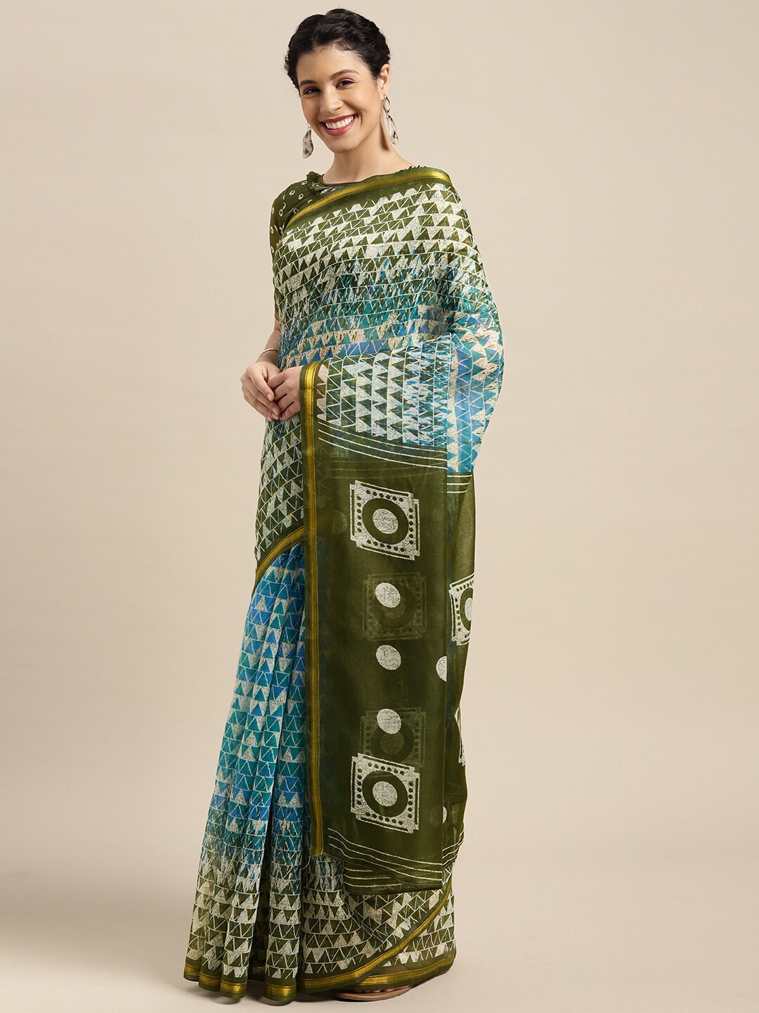 

KALINI Geometric Printed Zari Saree With Blouse Piece, Olive