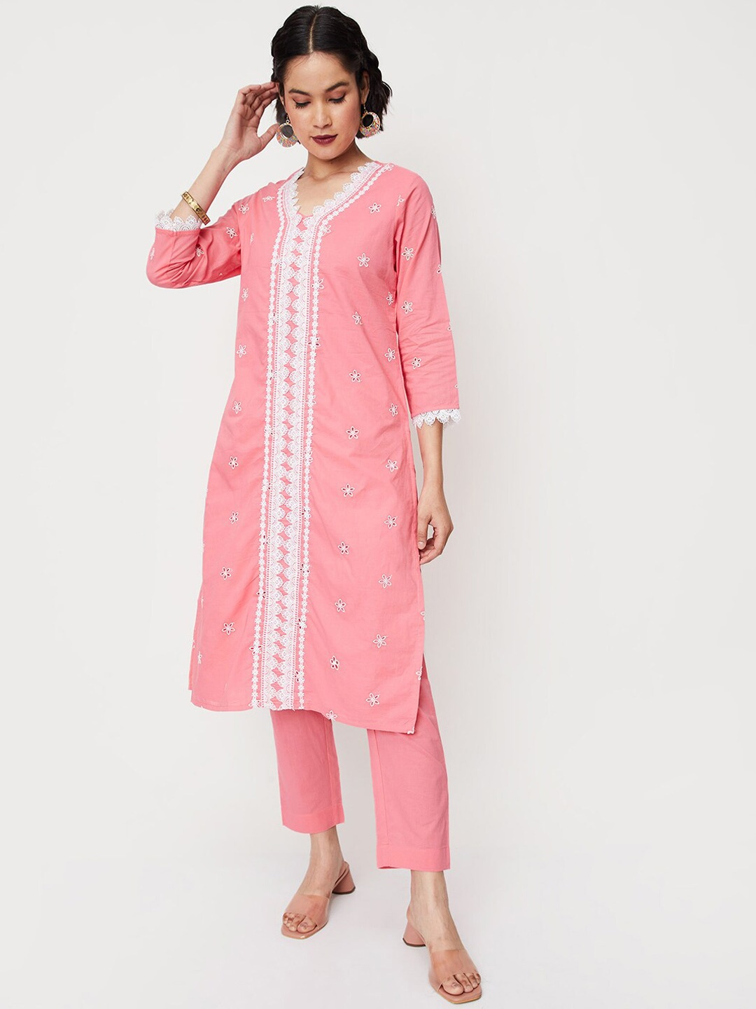 

max Ethnic Motifs Embroidered V-Neck Thread Work Pure Cotton Kurta with Trousers, Pink