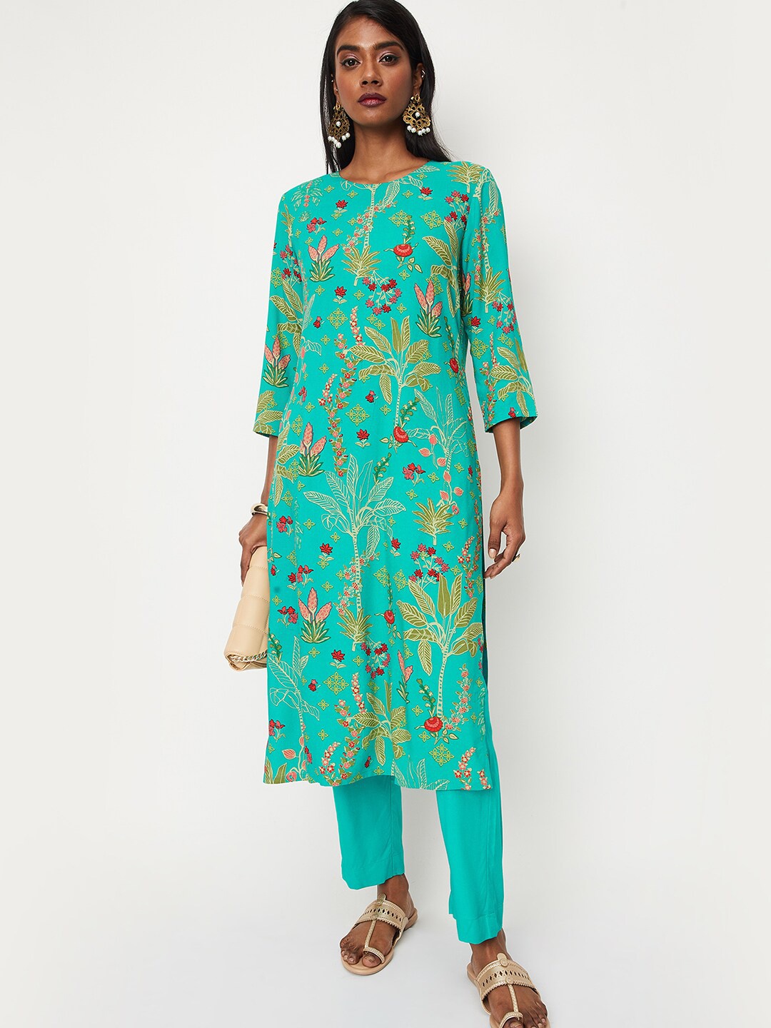 

max Floral Printed Regular Kurta With Trousers, Green