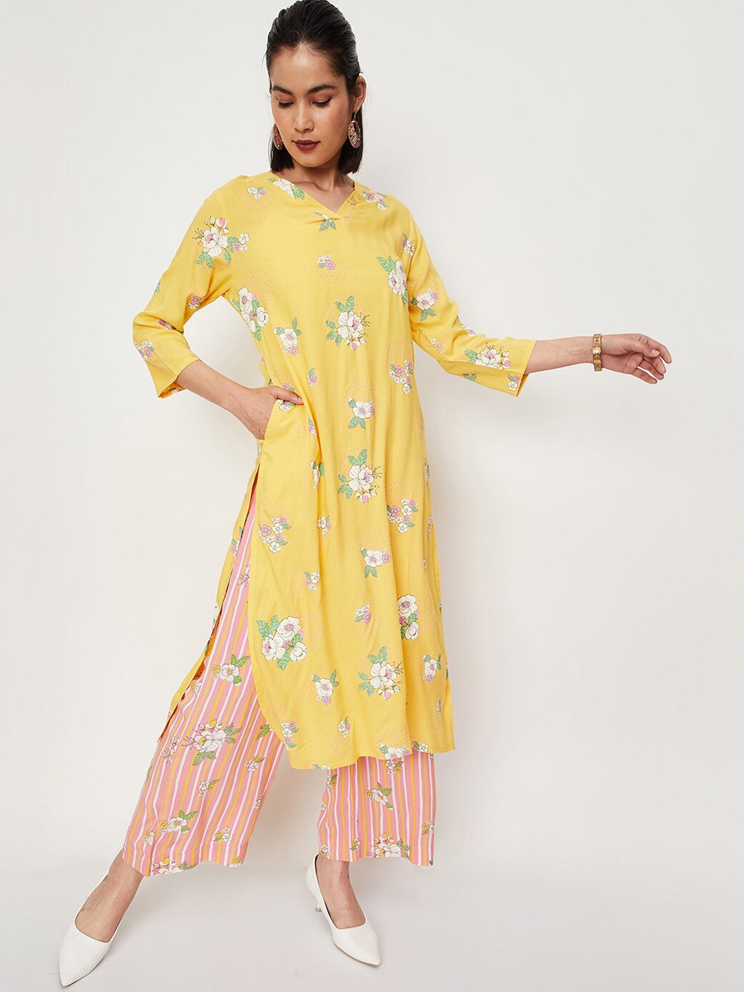 

max Floral Printed Regular Kurta With Palazzos, Yellow