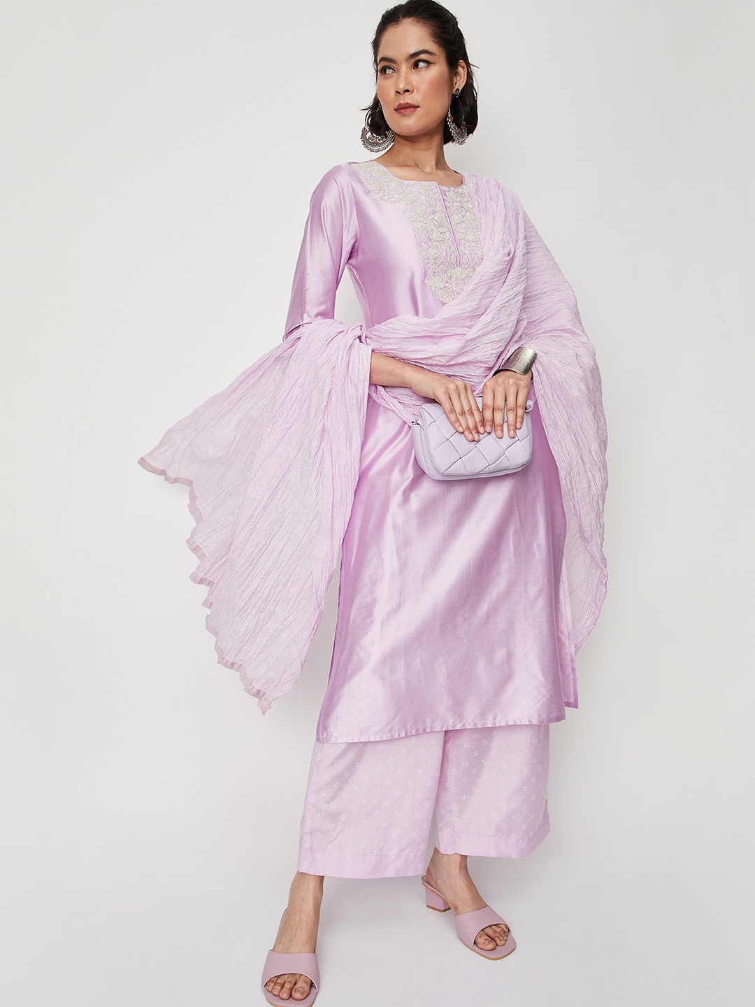 

max Floral Embroidered Kurta With Palazzos & Dupatta, Lavender