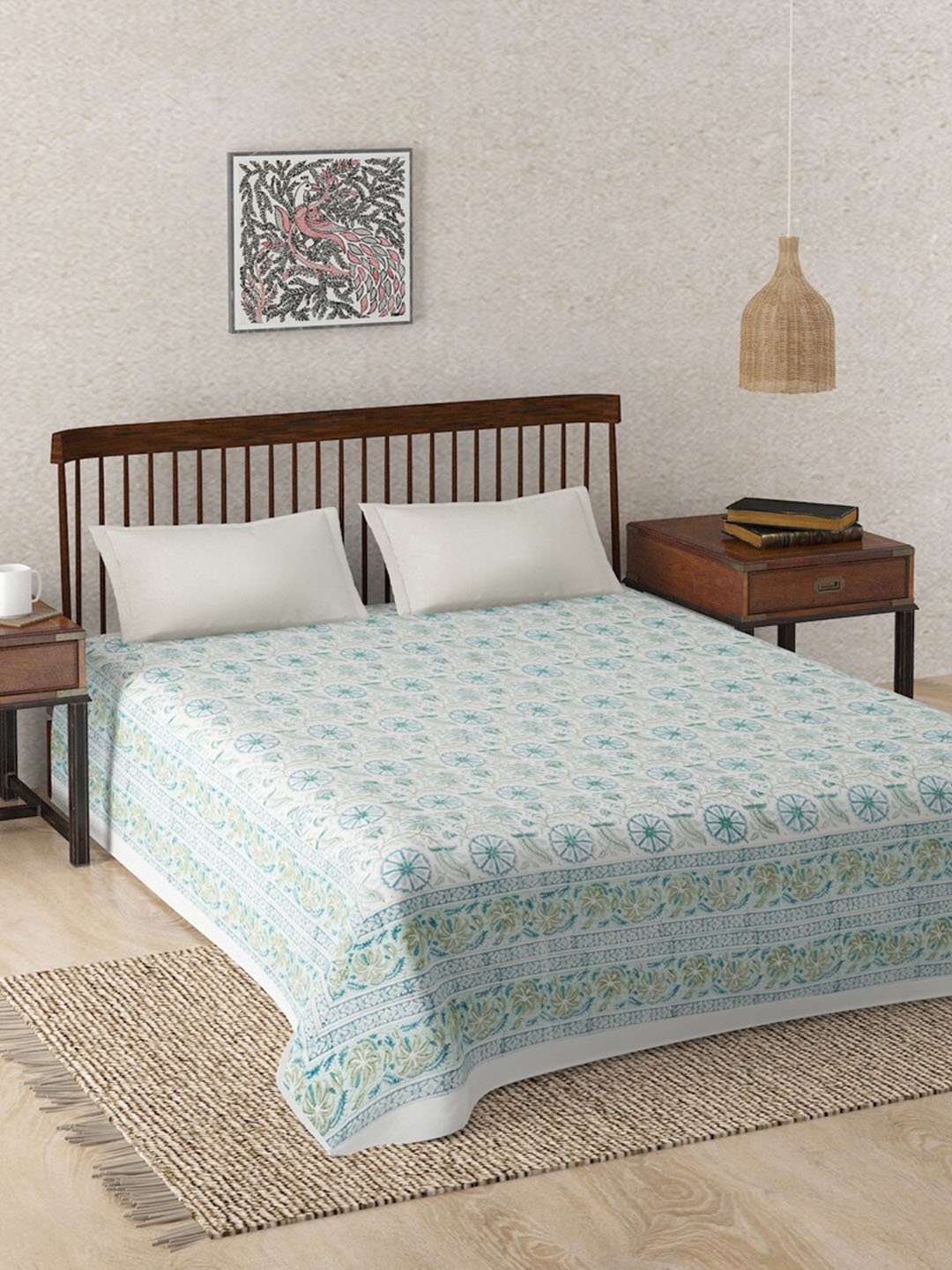 

Fabindia Marika Jaal Teal Green Cotton Hand Block Printed Single Bed Cover, White