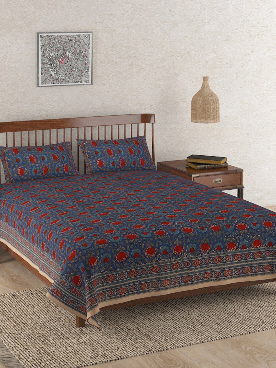 

Fabindia Navy Blue Cotton Hand Block Printed Double Bed Cover