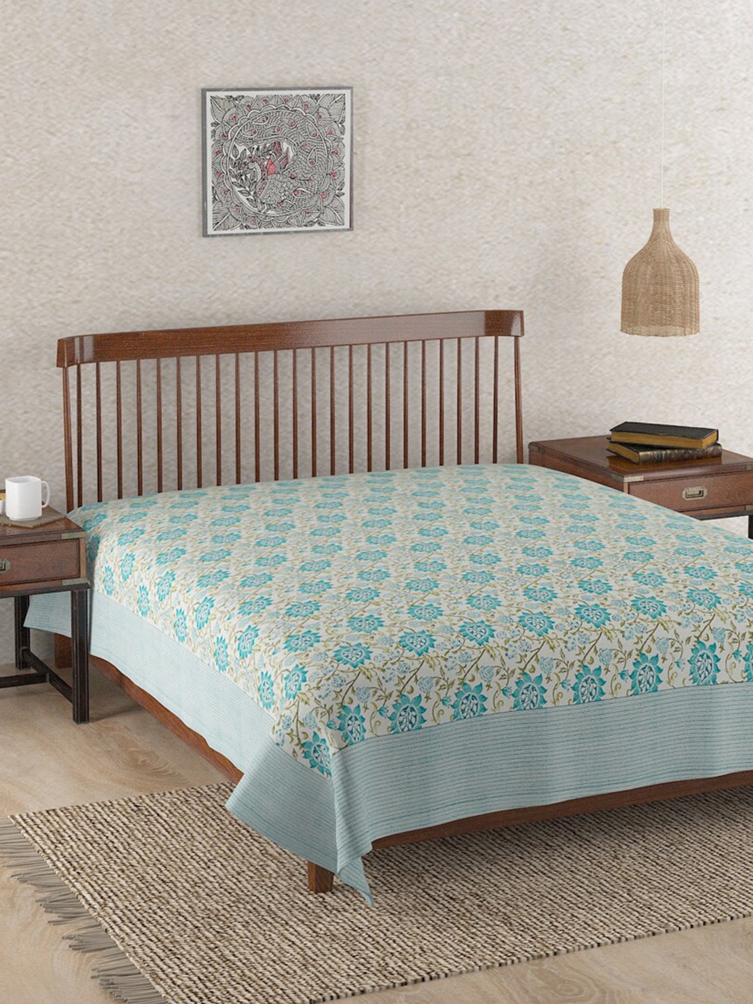 

Fabindia Blue & White Printed Cotton Double Bed Super King Bed Cover