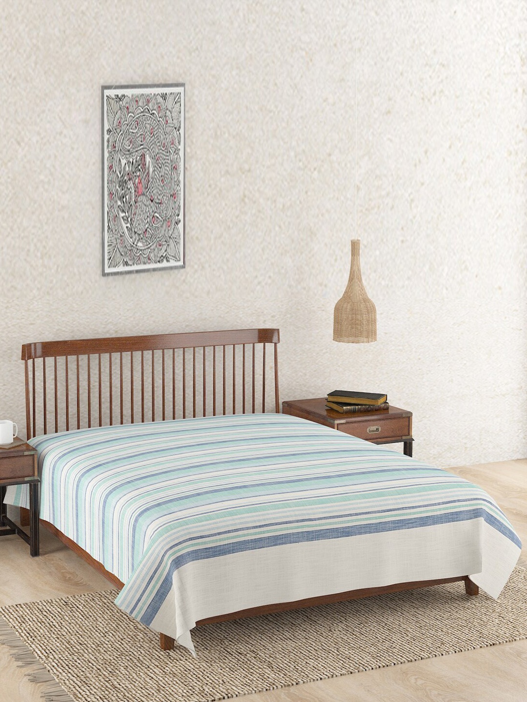 

Fabindia Off White & Blue Striped Adhya Cotton Single Bed Cover