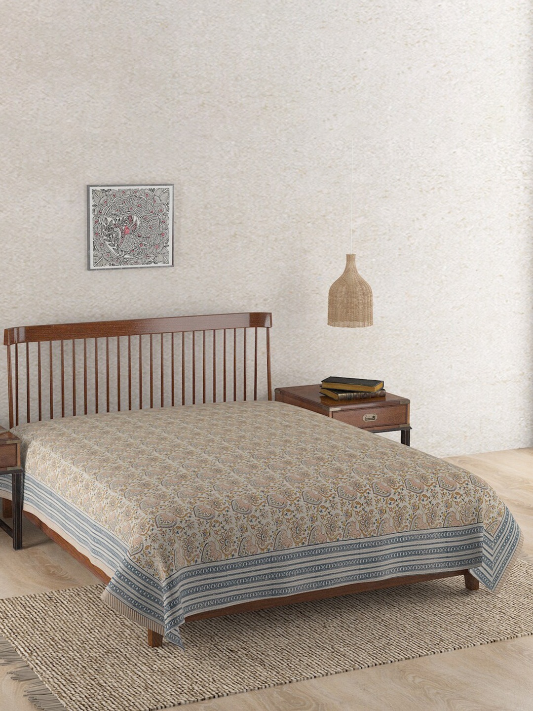 

Fabindia Beige & Blue Hand Block Printed Avni Cotton King Bed Cover