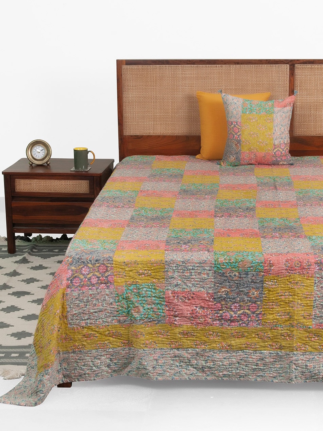 

Fabindia Mustard Yellow & Pink Cotton Gudri Embroidery Double Bed Cover