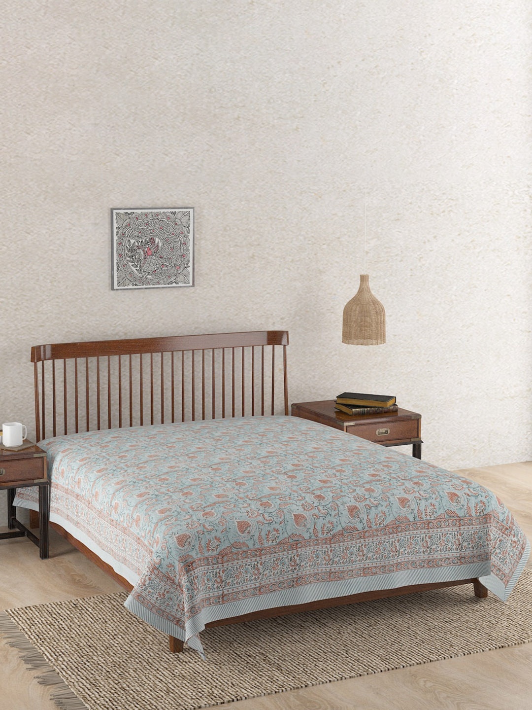 

Fabindia Blue Ihania Blue & White Cotton Ethnic Motifs Printed Double Bed Cover