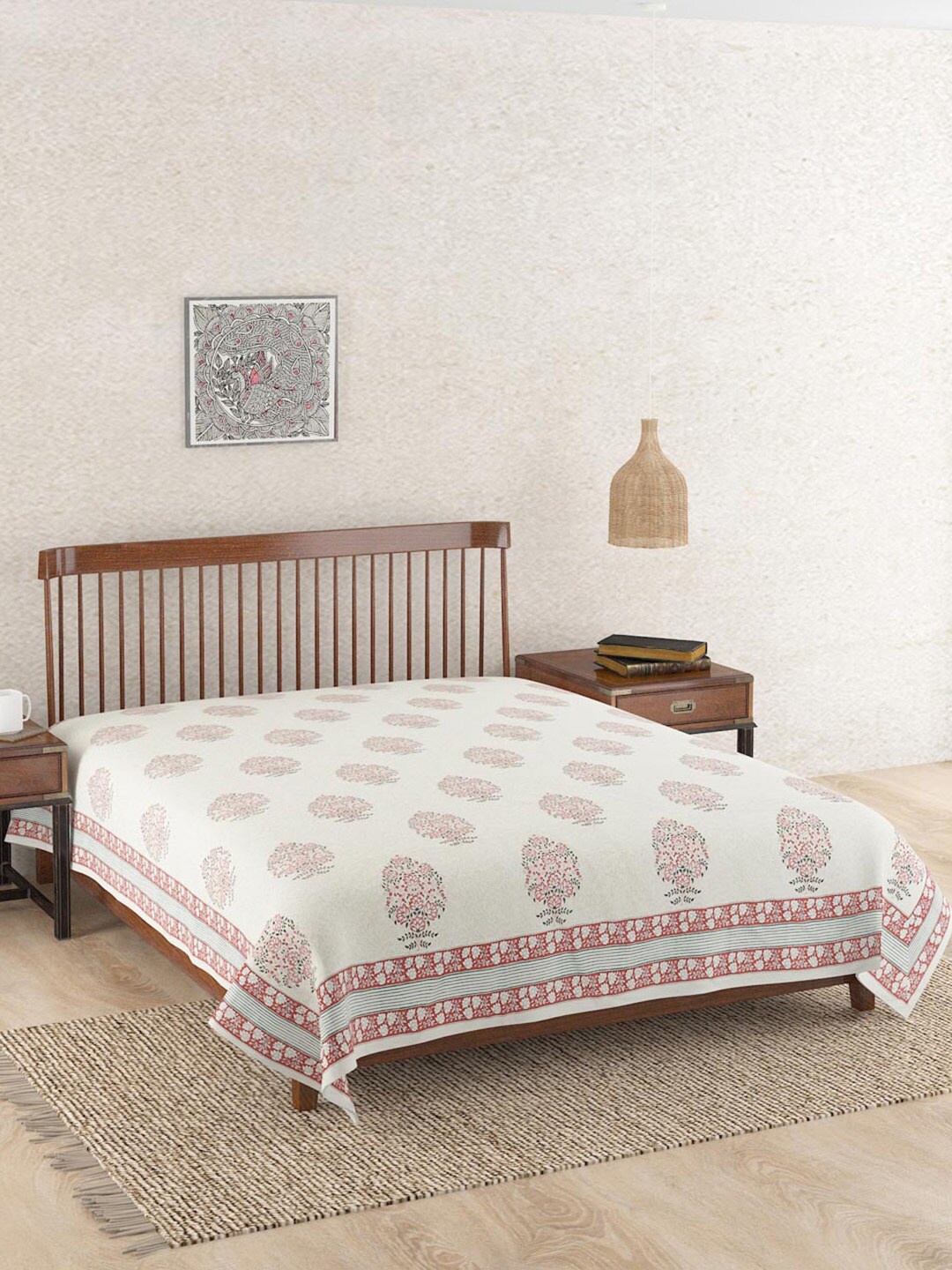 

Fabindia Off White & Red Cotton Hand Block Printed Double Bed Cover