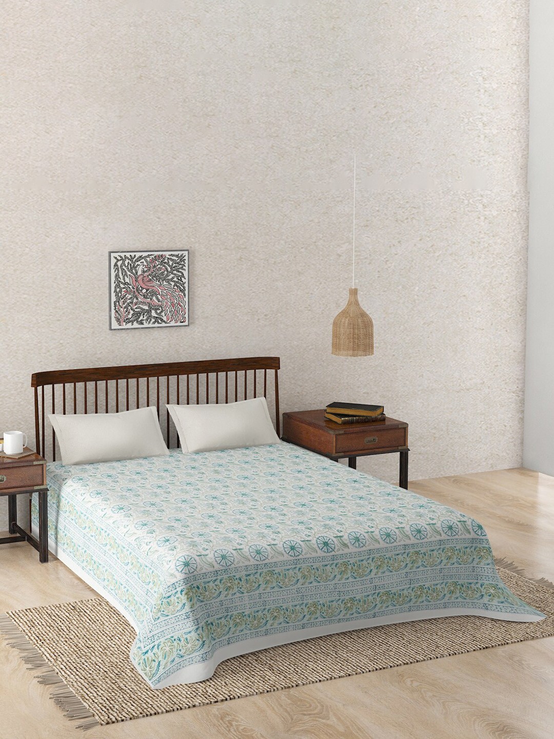 

Fabindia Teal & White Floral Printed Cotton King Bed Cover