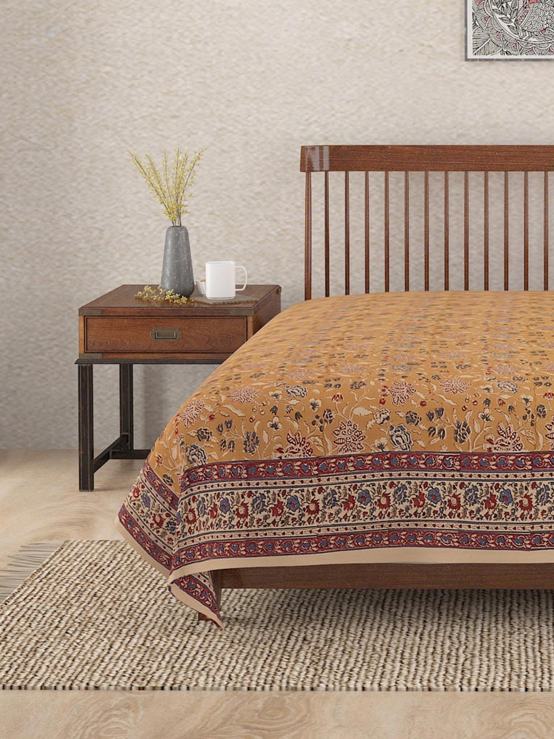 

Fabindia Mustard Yellow Mehulika Cotton Hand Block Printed Single Bed Cover