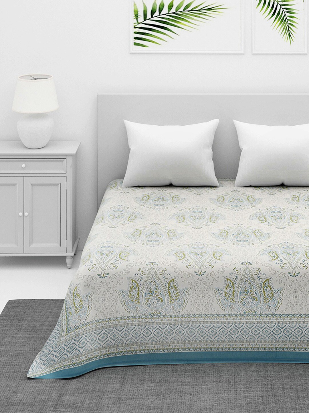 

Fabindia Teal Blue & White Ethnic Motifs Printed Cotton Double Super King Bed Cover