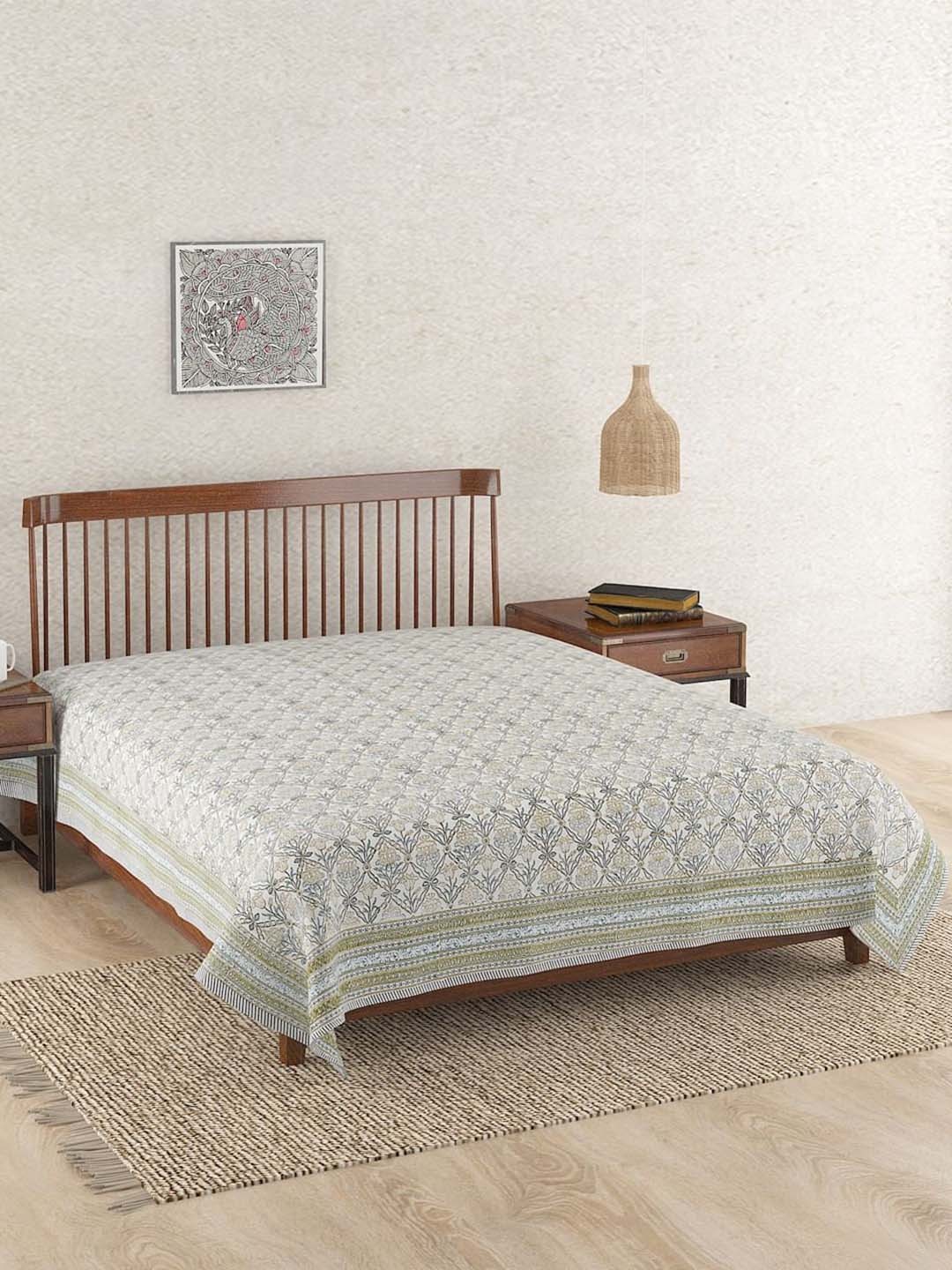 

Fabindia White & Olive Green Ayaana Cotton Hand Block Printed Double Bed Cover