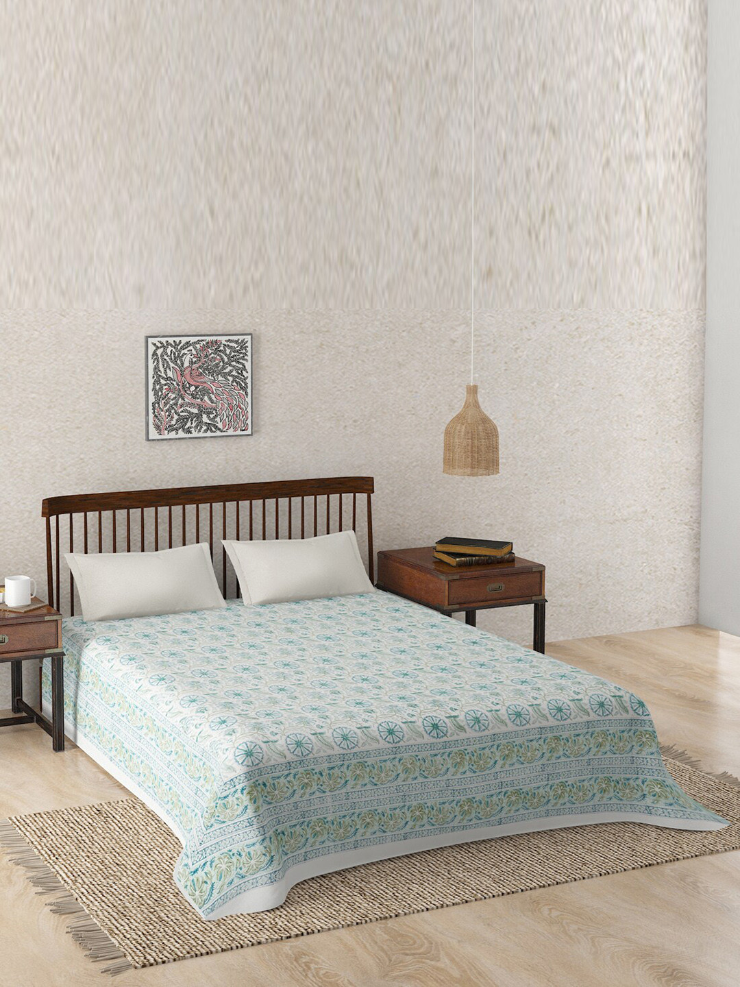 

Fabindia Teal Marika Jaal Cotton Hand Block Printed Queen Bed Cover