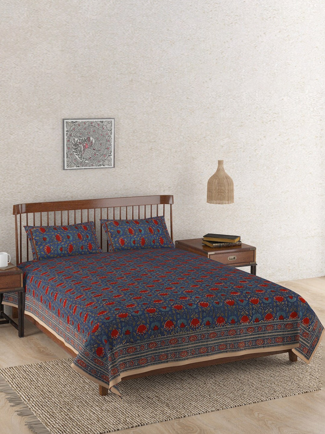 

Fabindia Indigo Kamal Blue & Red Floral Printed Cotton King Bed Cover