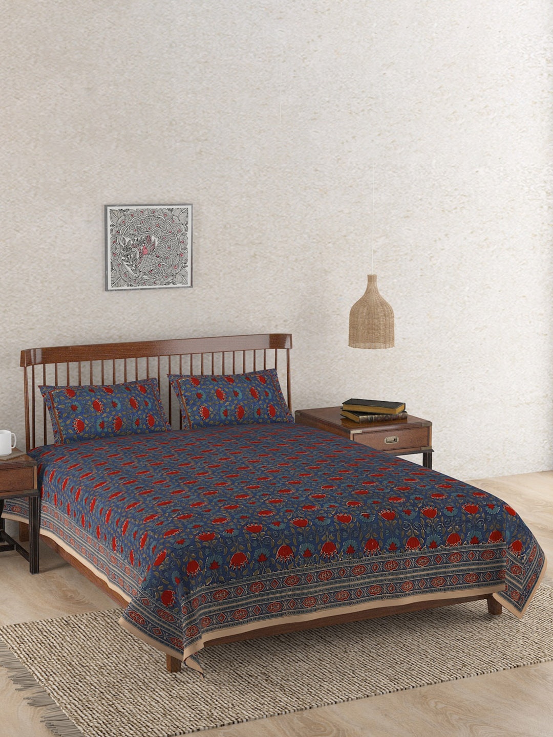 

Fabindia Kamal Blue & Red Cotton Hand Block Printed Single Bed Cover
