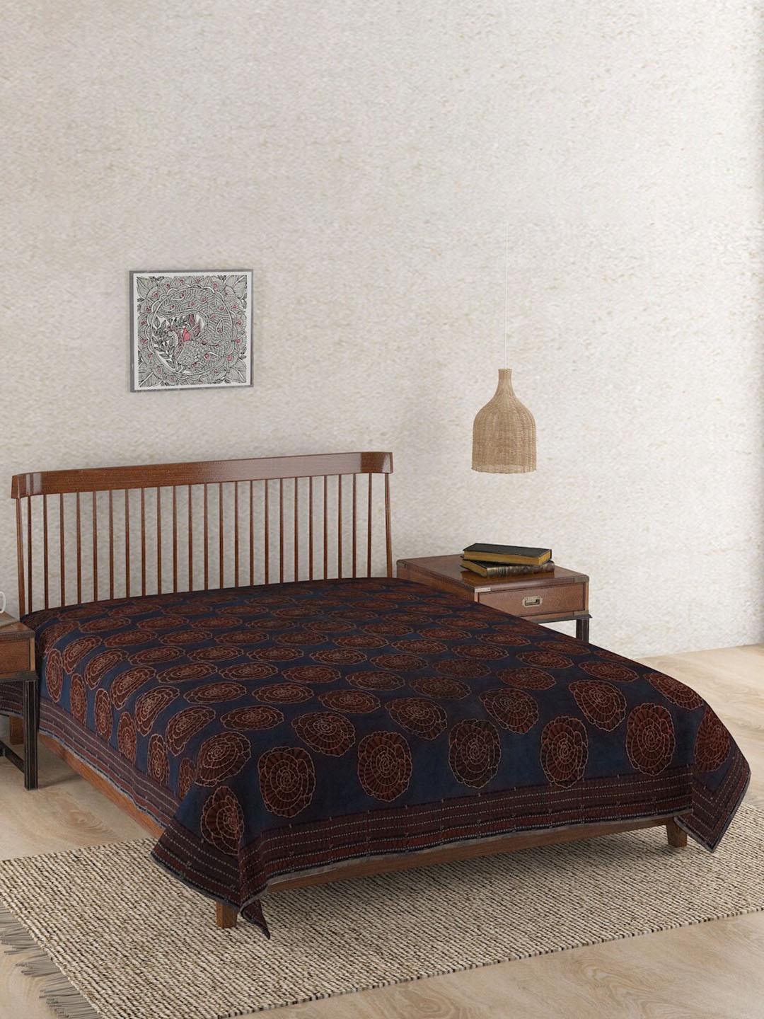 

Fabindia Navy Blue & Maroon Printed Cotton Double Bed Super King Bed Cover