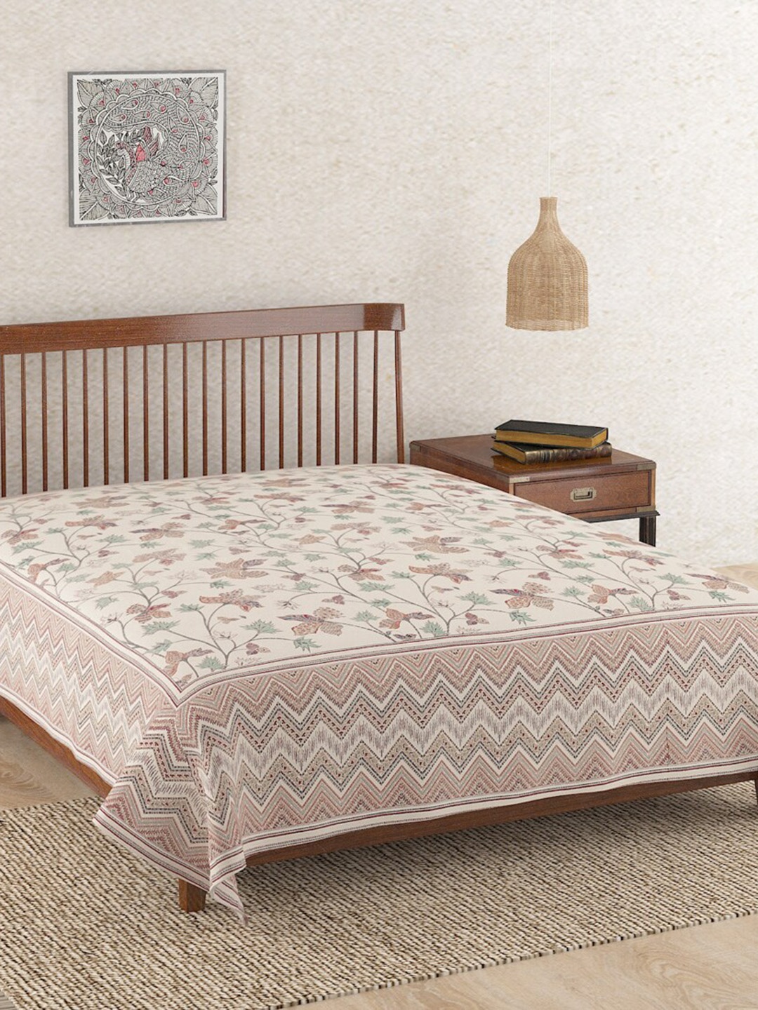 

Fabindia Beige Floral Printed Cotton Double Bed Cover, Off white