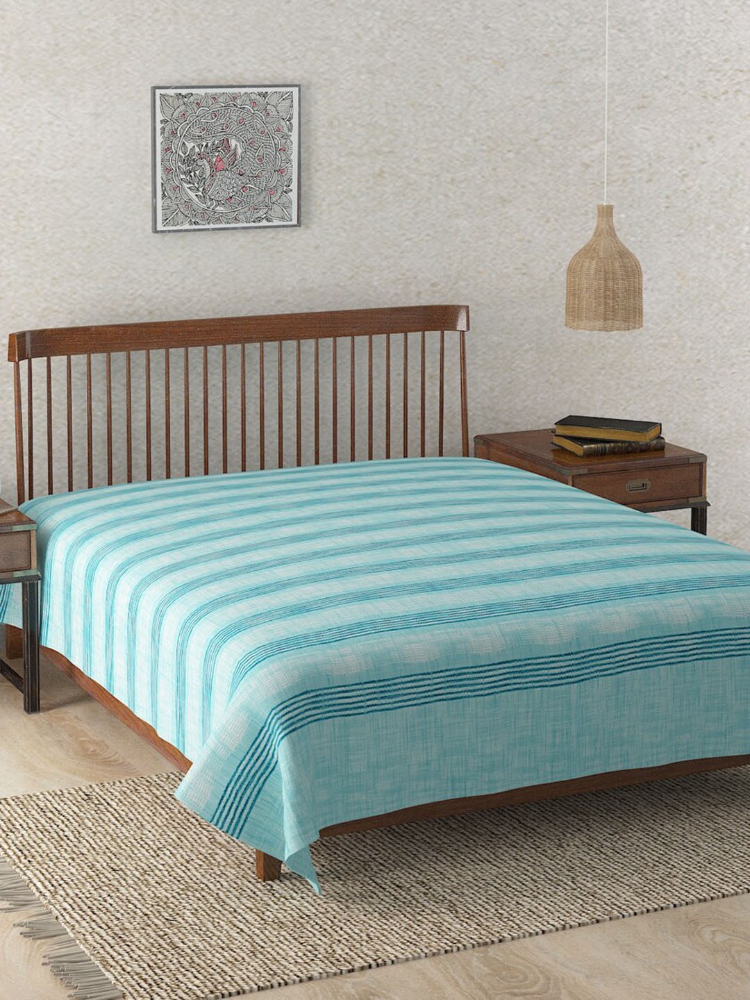 

Fabindia Turquoise Blue Striped Advait Cotton Double Superking Bed Cover