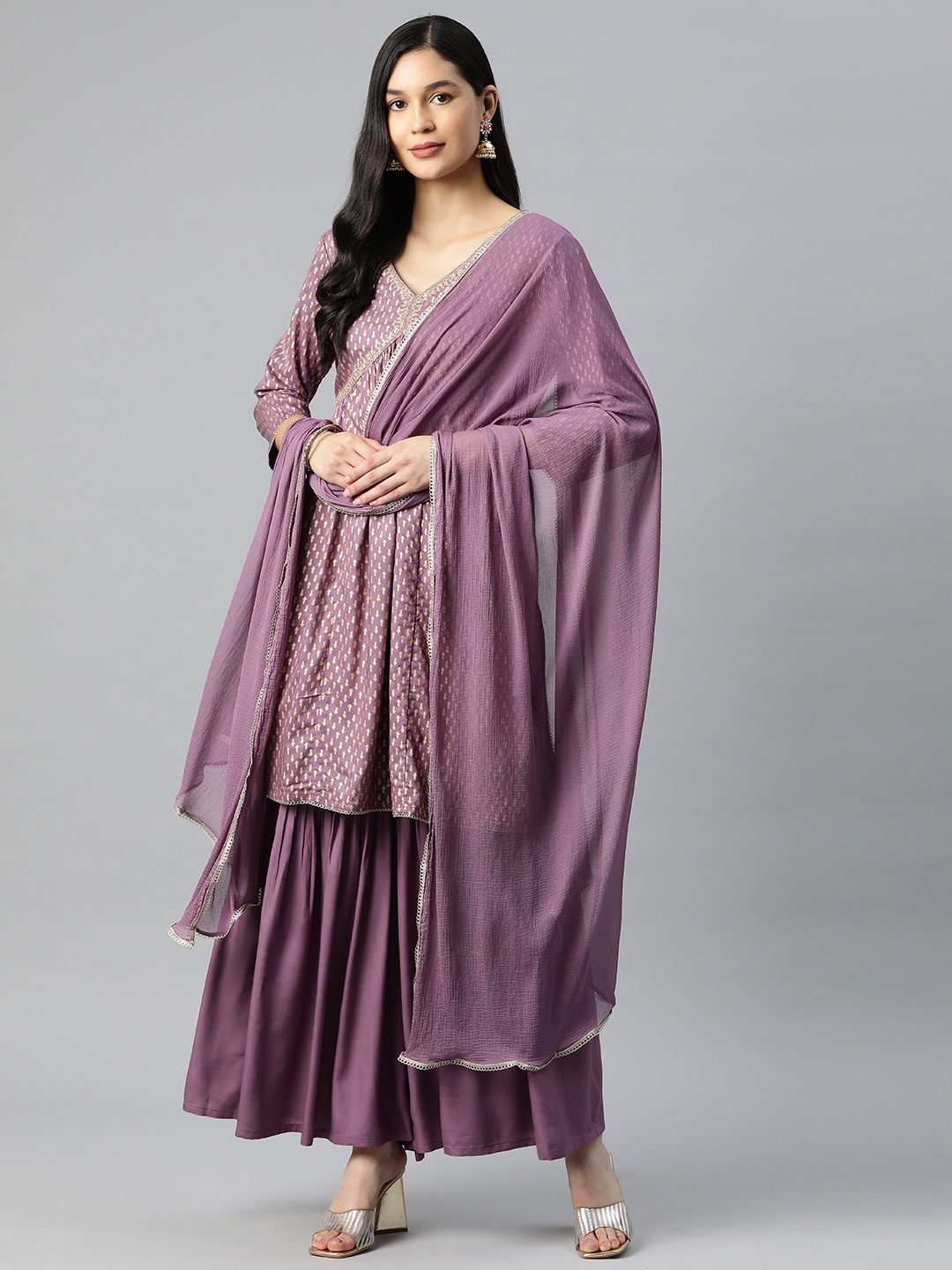

Sunehri Ethnic Motifs Embroidered Empire Kurta With Sharara & Dupatta, Purple