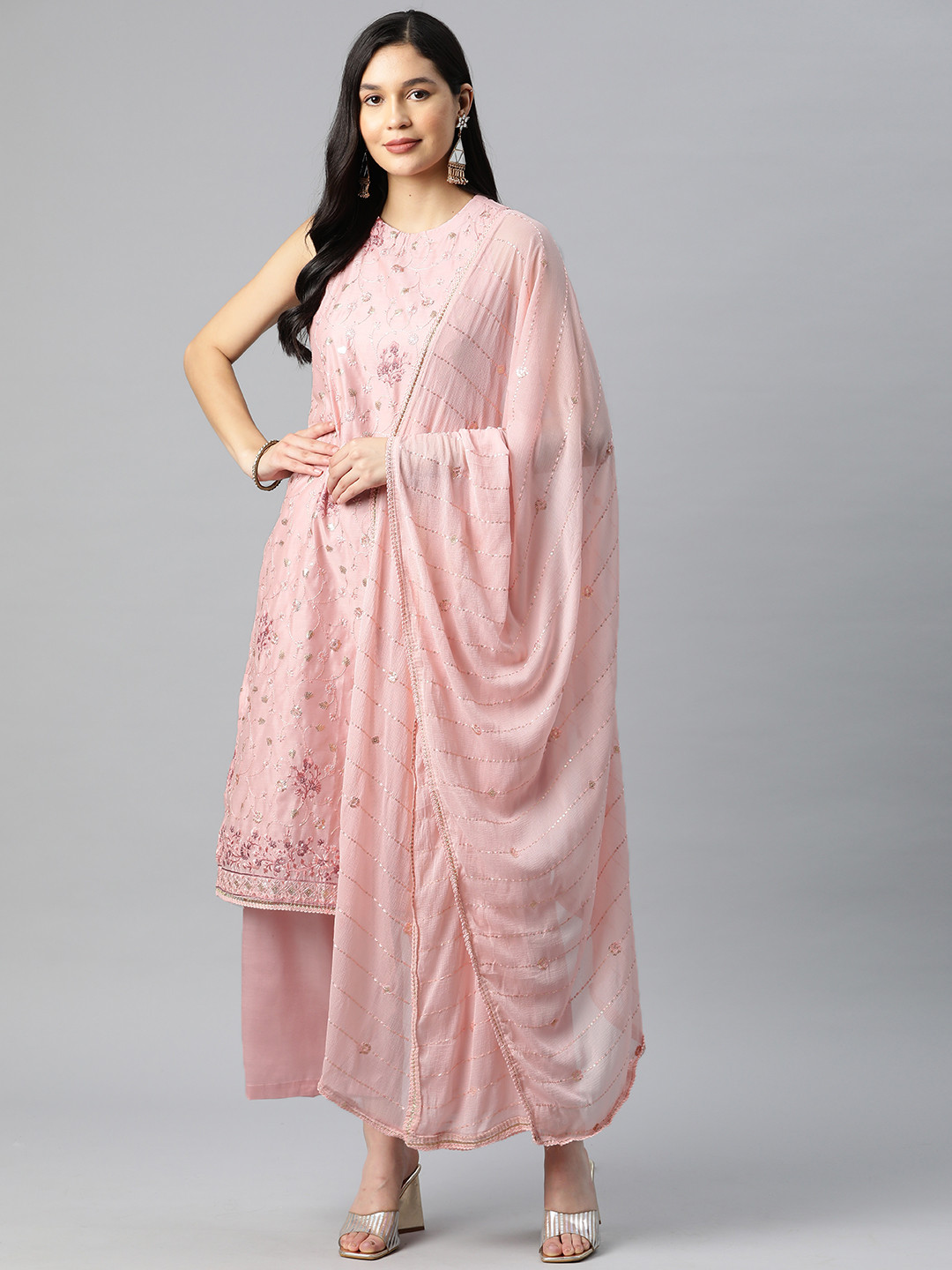 

Sunehri Ethnic Motifs Embroidered Regular Sequinned Kurta With Trousers & Dupatta, Pink