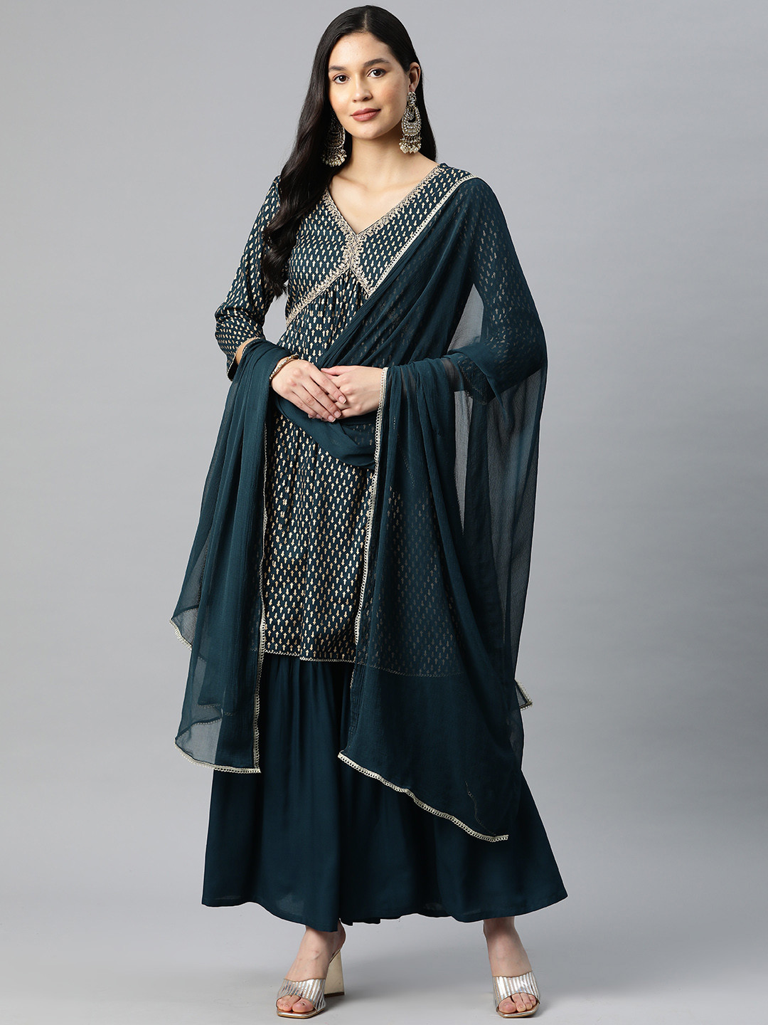 

Sunehri Ethnic Motifs Embroidered Empire Kurta With Sharara & Dupatta, Teal