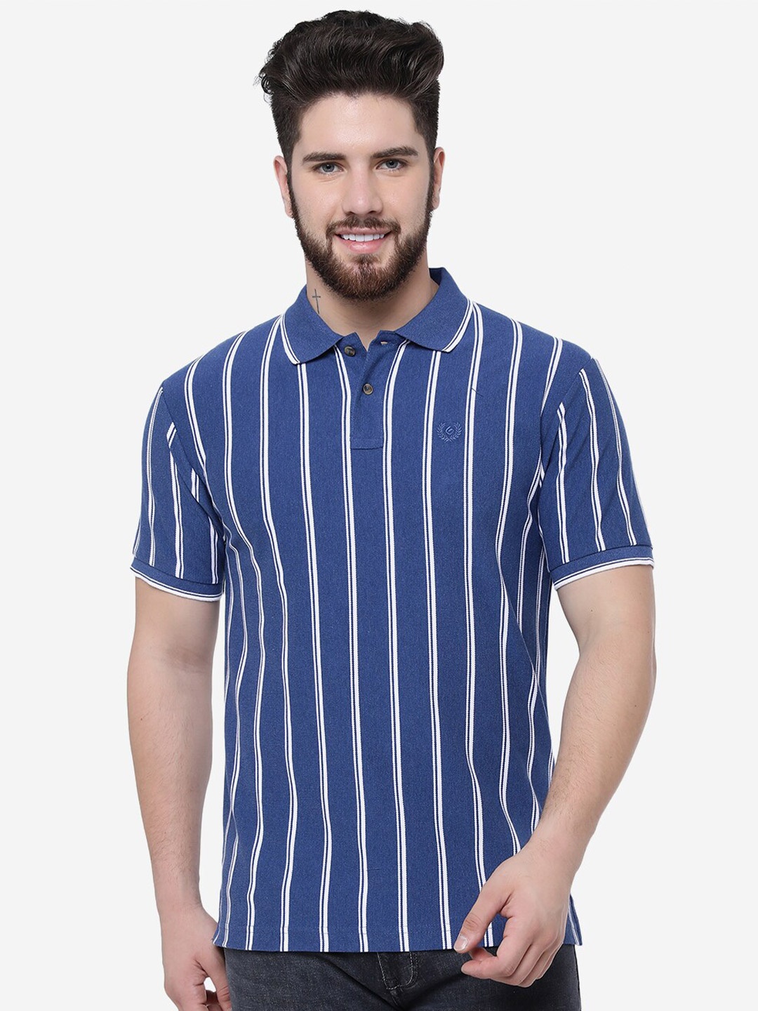 

Greenfibre Striped Cotton Polo Slim Fit T-shirt, Blue