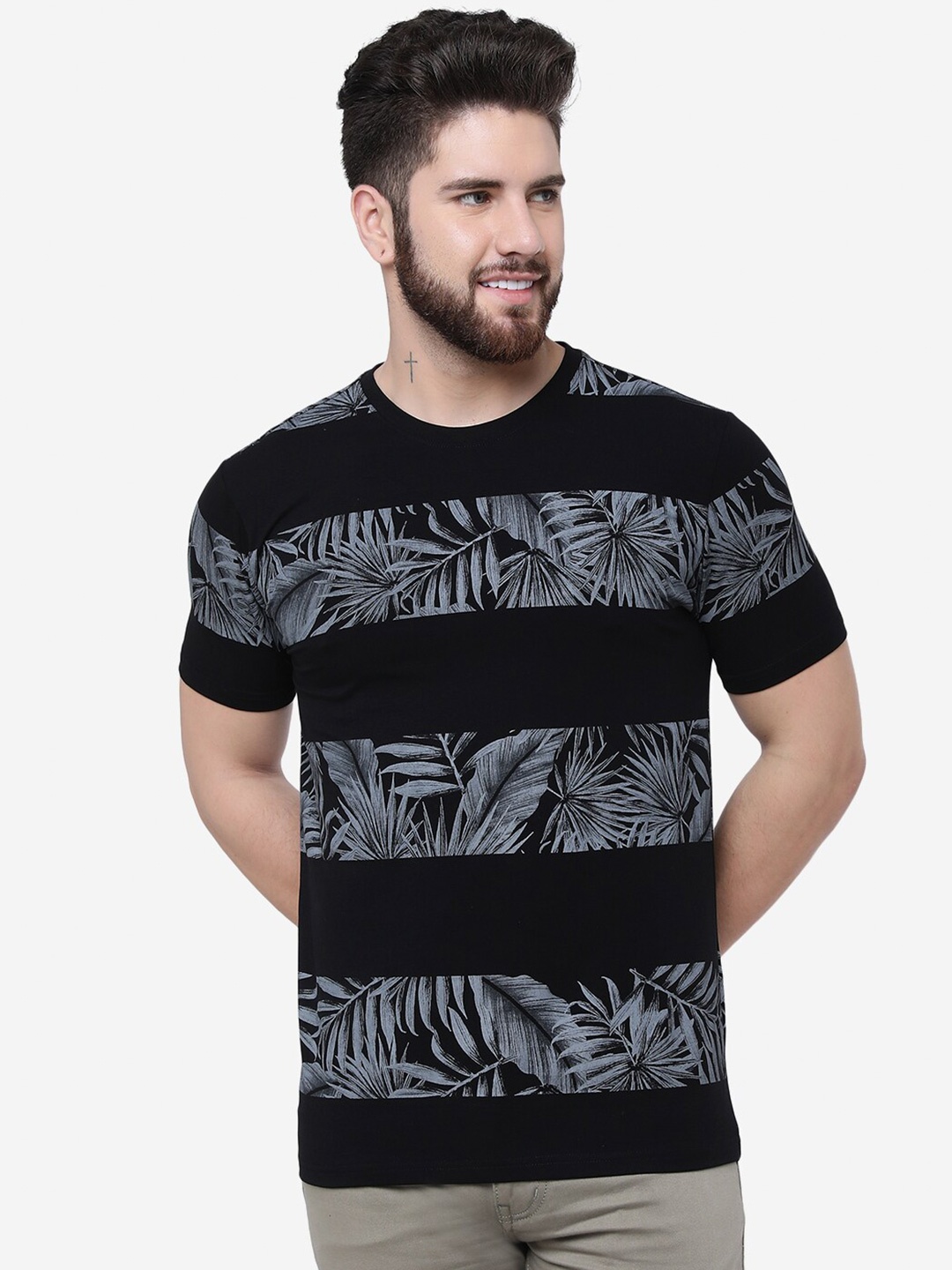 

JADE BLUE Tropical Printed Slim Fit Cotton T-Shirt, Black