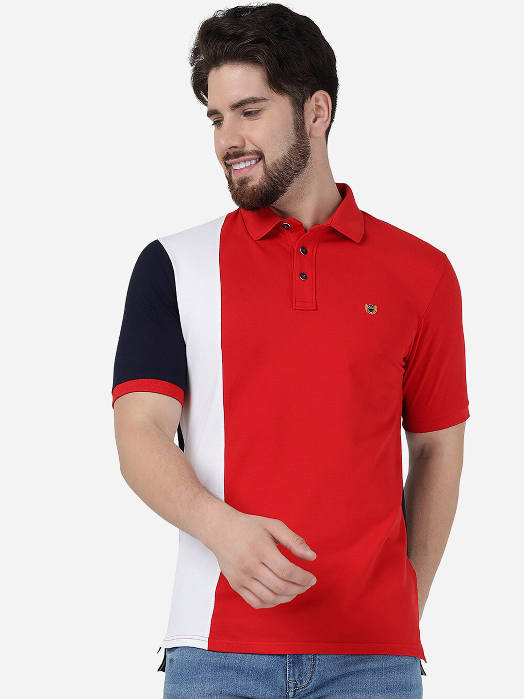 

JADE BLUE Colourblocked Polo Collar Pure Cotton Slim Fit T-shirt, Red