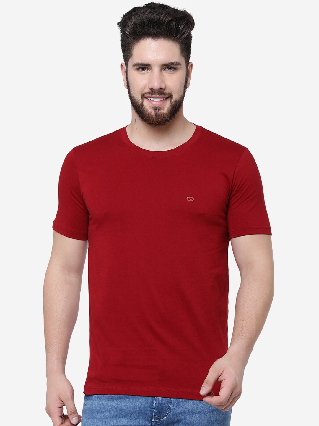 

JADE BLUE Round Neck Slim Fit Cotton T-Shirt, Maroon