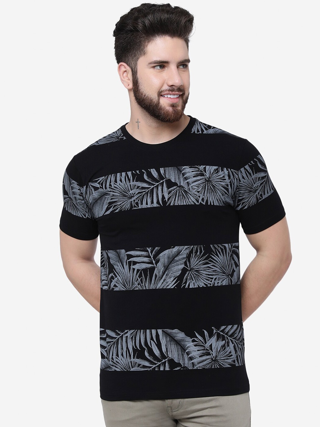 

JADE BLUE Topical Printed Pure Cotton Slim Fit T-shirt, Black