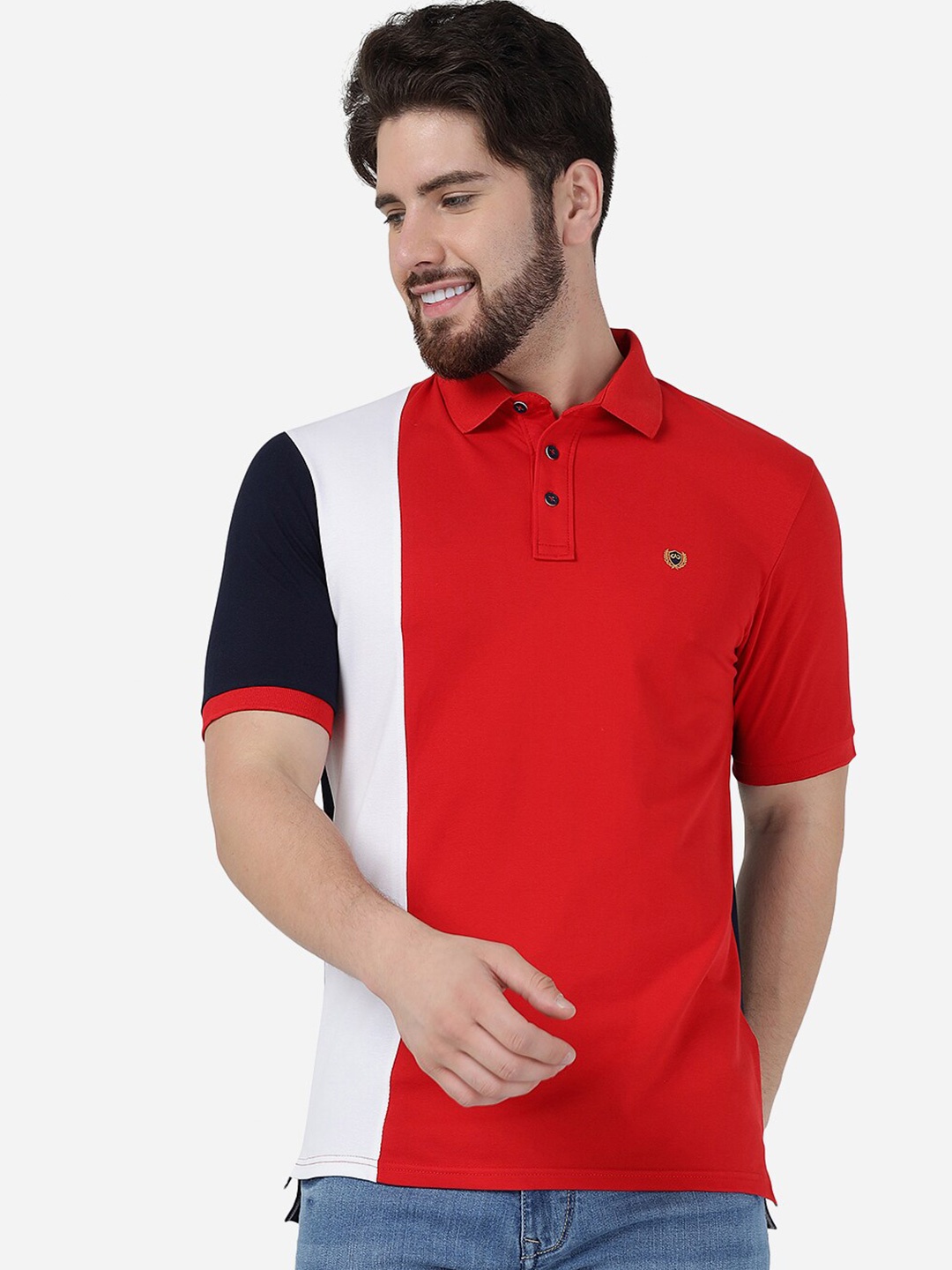 

JADE BLUE Colourblocked Polo Collar Pure Cotton Slim Fit T-shirt, Red