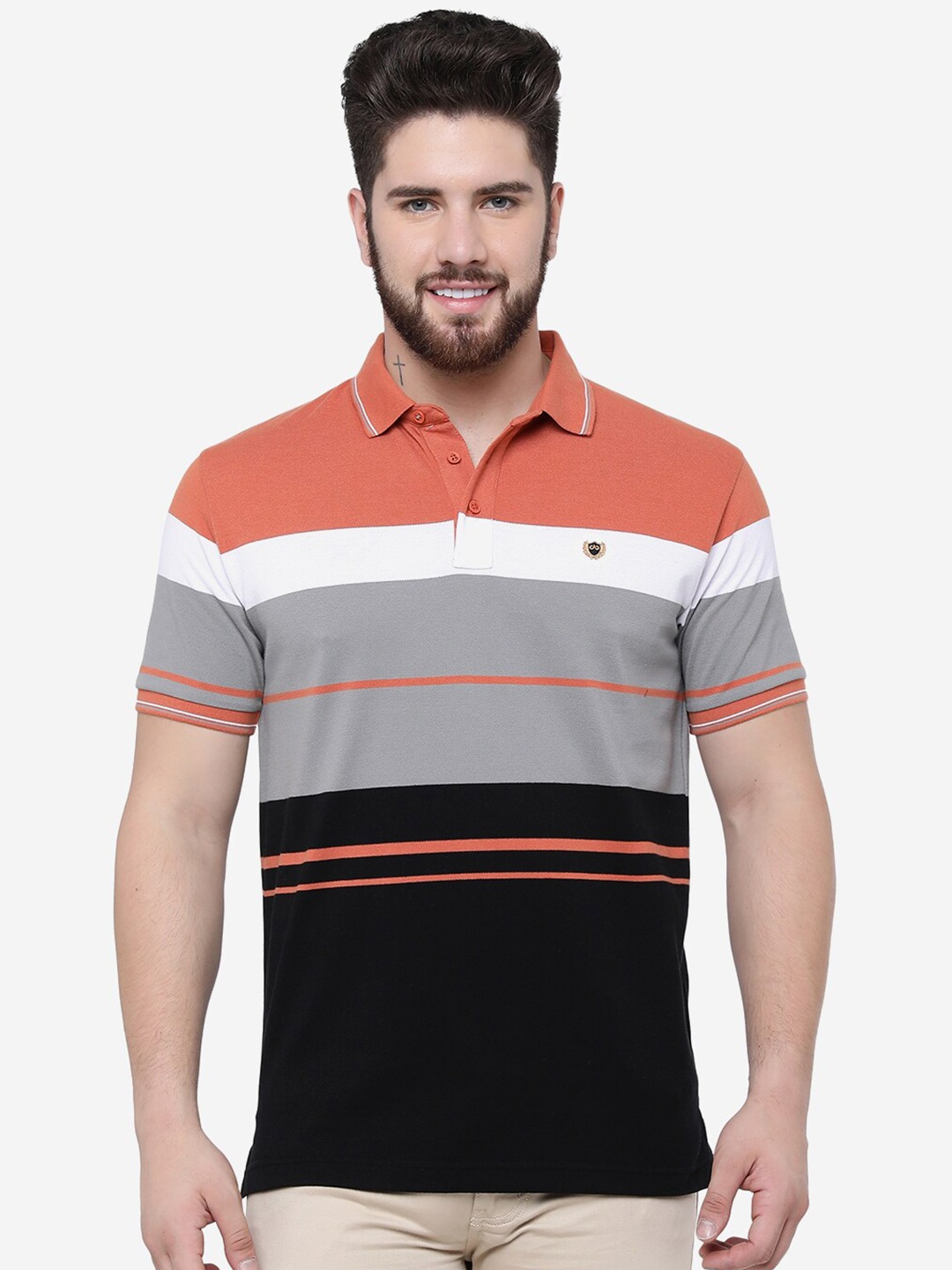

JADE BLUE Striped Polo Collar Slim Fit Cotton T-Shirt, Black