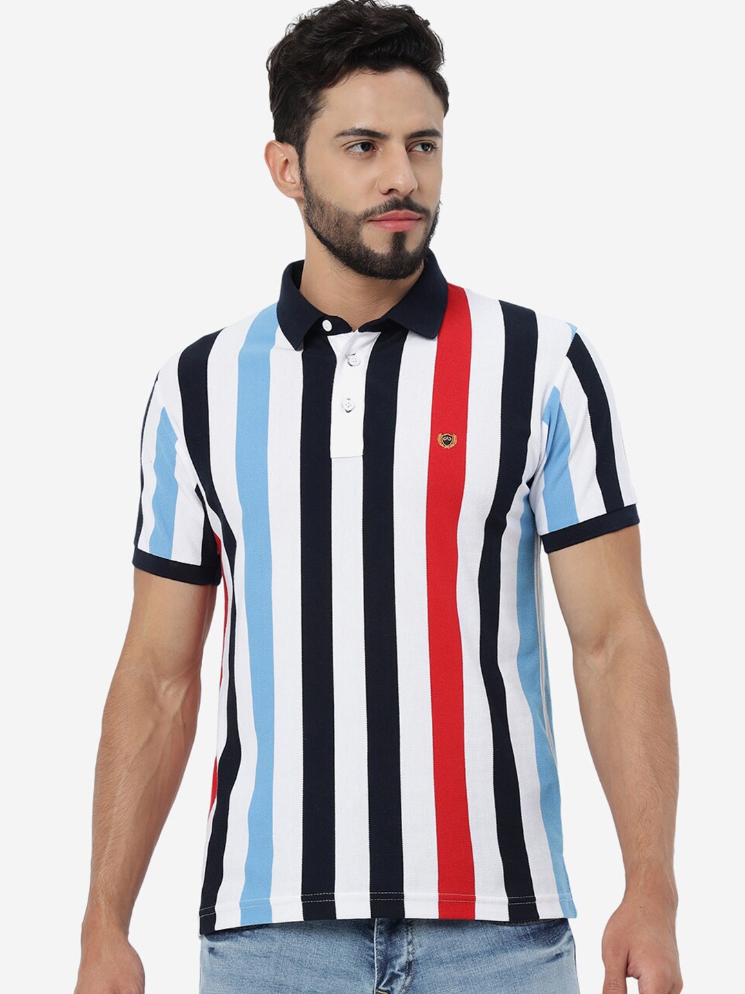 

JADE BLUE Striped Polo Collar Slim Fit Cotton T-Shirt, White