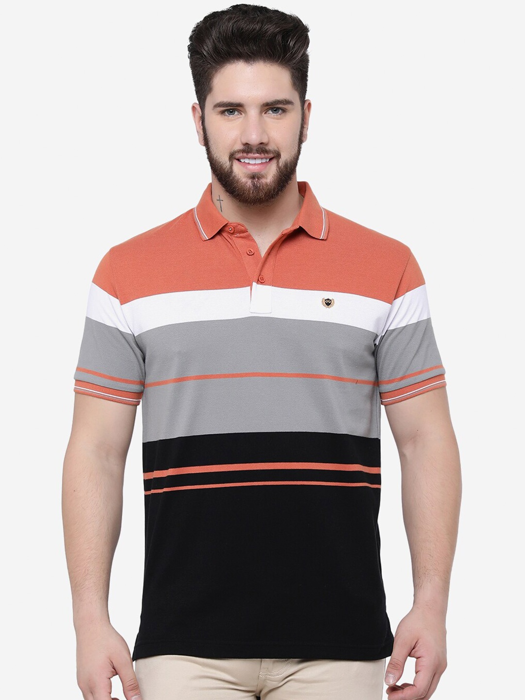 

JADE BLUE Striped Polo Collar Pure Cotton Slim Fit T-shirt, Grey