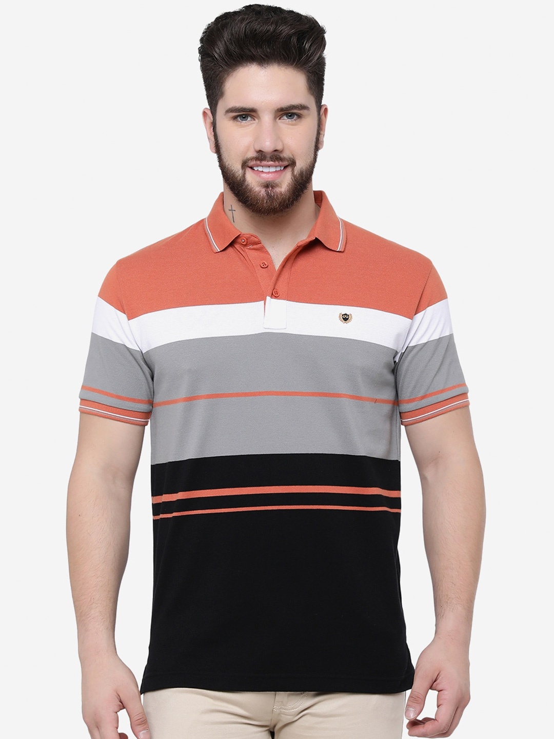 

JADE BLUE Striped Polo Collar Slim Fit Cotton T-Shirt, Coral