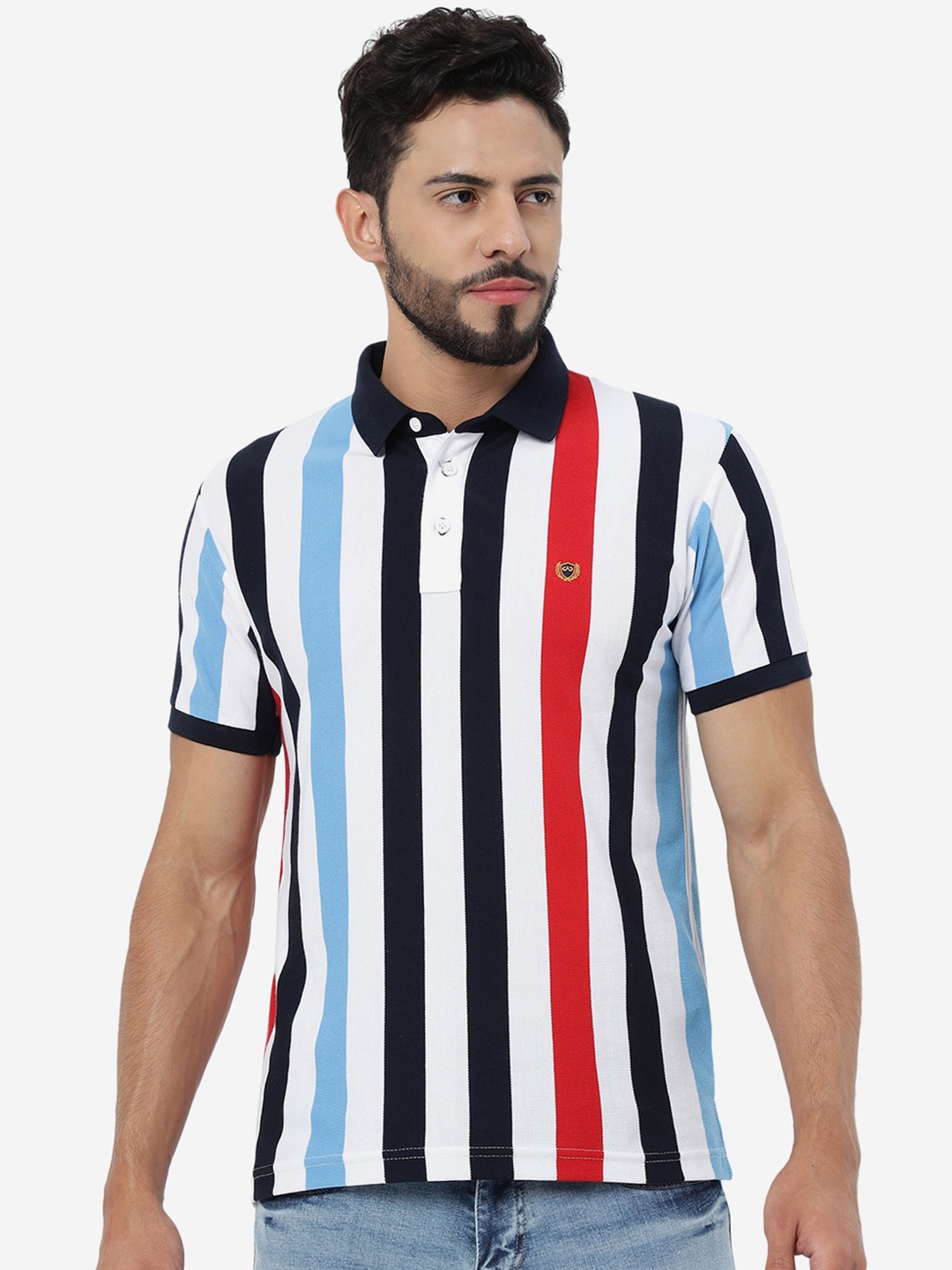 

JADE BLUE Striped Polo Collar Slim Fit Cotton T-Shirt, Black