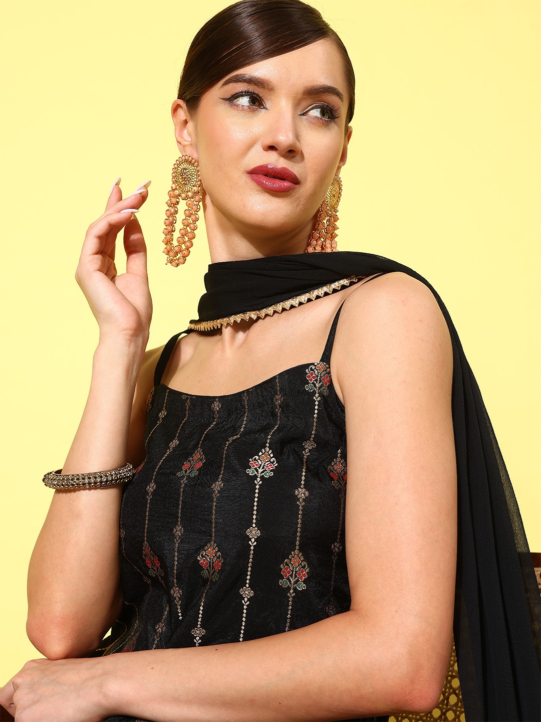

Sunehri Ethnic Motifs Regular Thread Work Kurta with Sharara & With Dupatta, Black