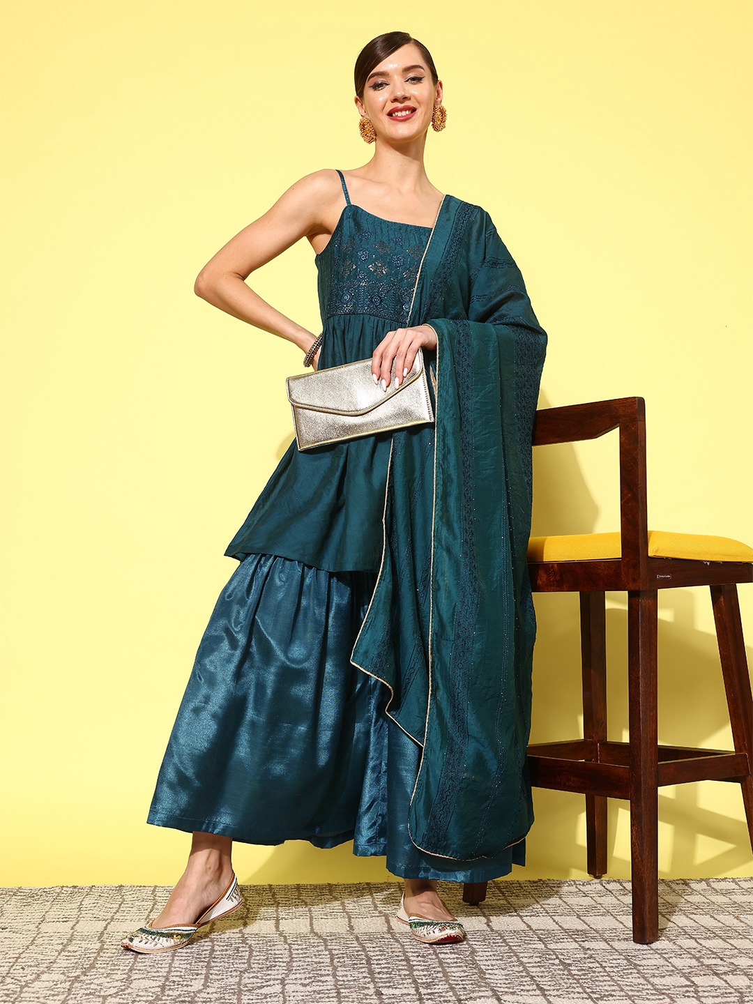

Sunehri Ethnic Motifs Yoke Design Pleated Sequinned Kurta with Sharara & With Dupatta, Teal
