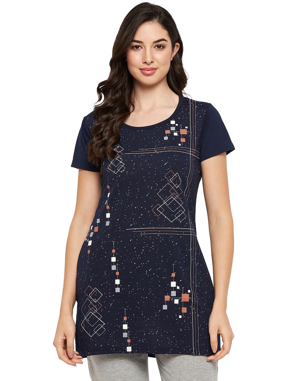 

VERO AMORE Printed Longline Longe T-shirt, Navy blue