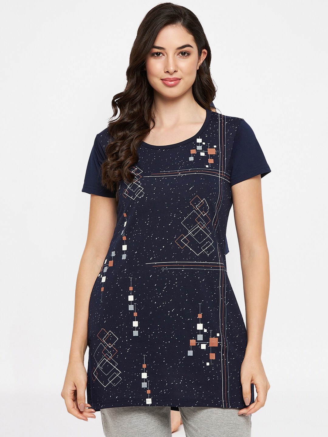 

VERO AMORE Geometric Printed Cotton Longline T-shirt, Navy blue